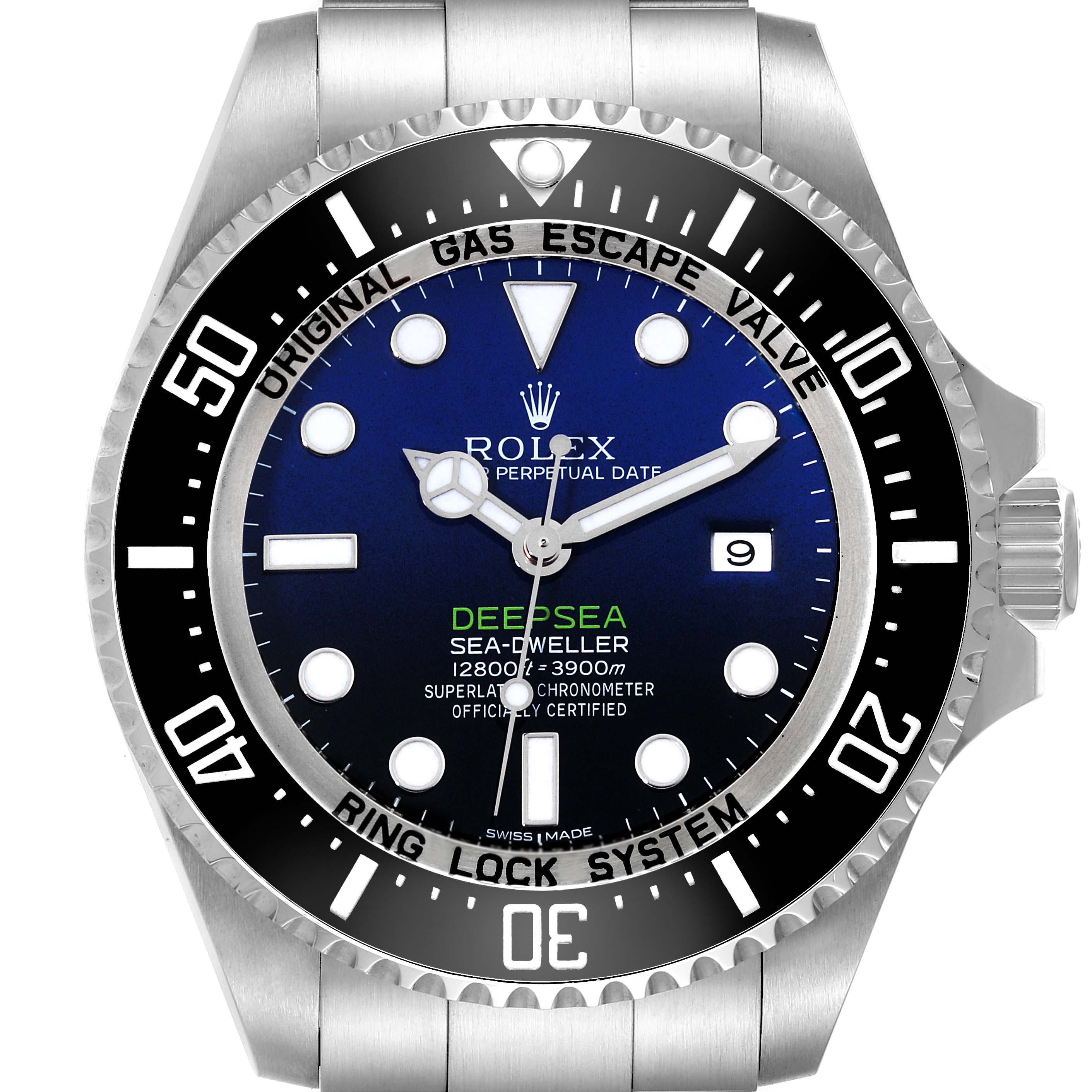 The image shows a frontal view of the Rolex Sea-Dweller 116660 Men's Stainless Steel Blue Dial 116660 Men's Stainless Steel Blue Dial watch with a clear view of the dial, bezel, and crown.
