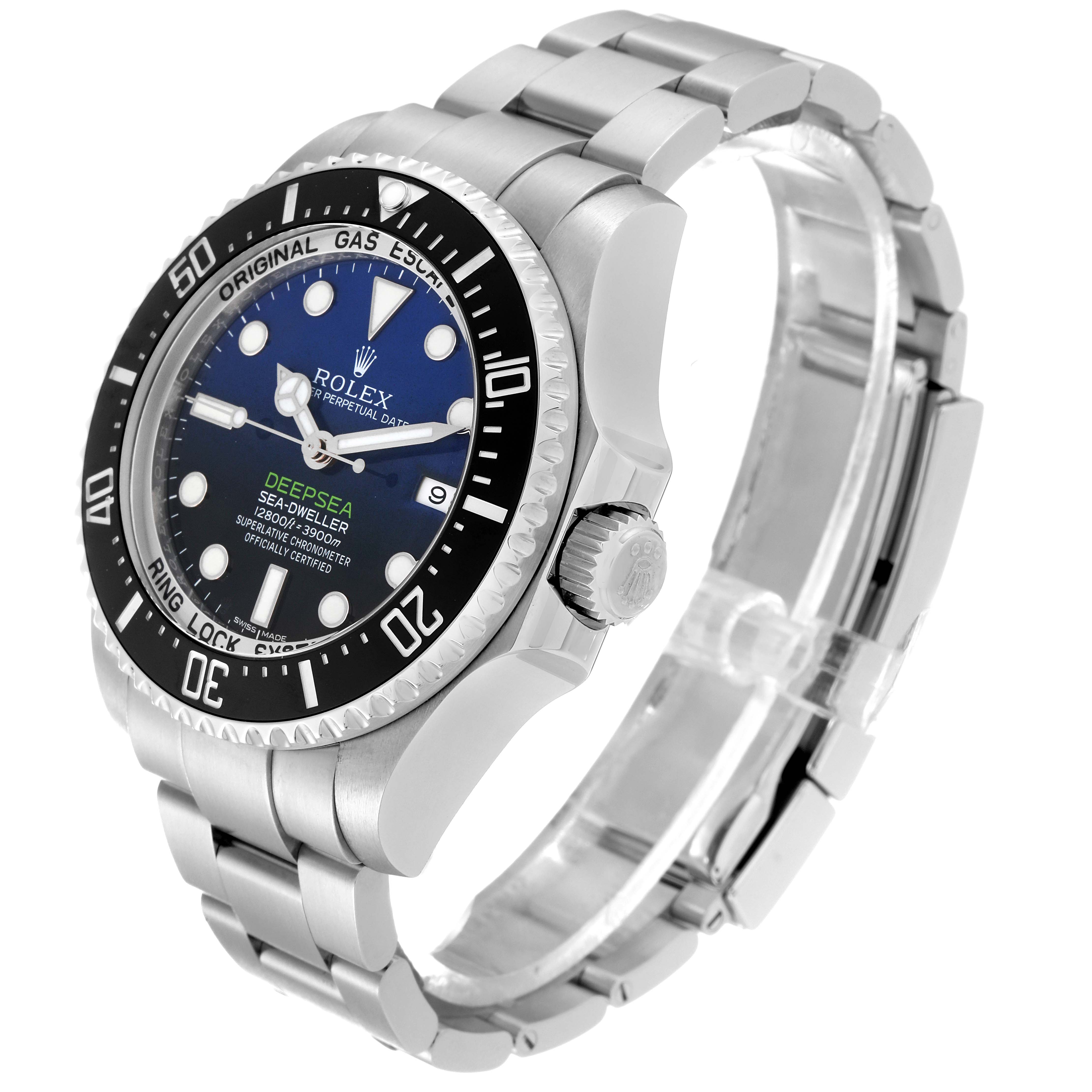 The image shows a side angle view of a Rolex Sea-Dweller 116660 Men's Stainless Steel Blue Dial 116660 Men's Stainless Steel Blue Dial, highlighting the dial, bezel, crown, and bracelet.