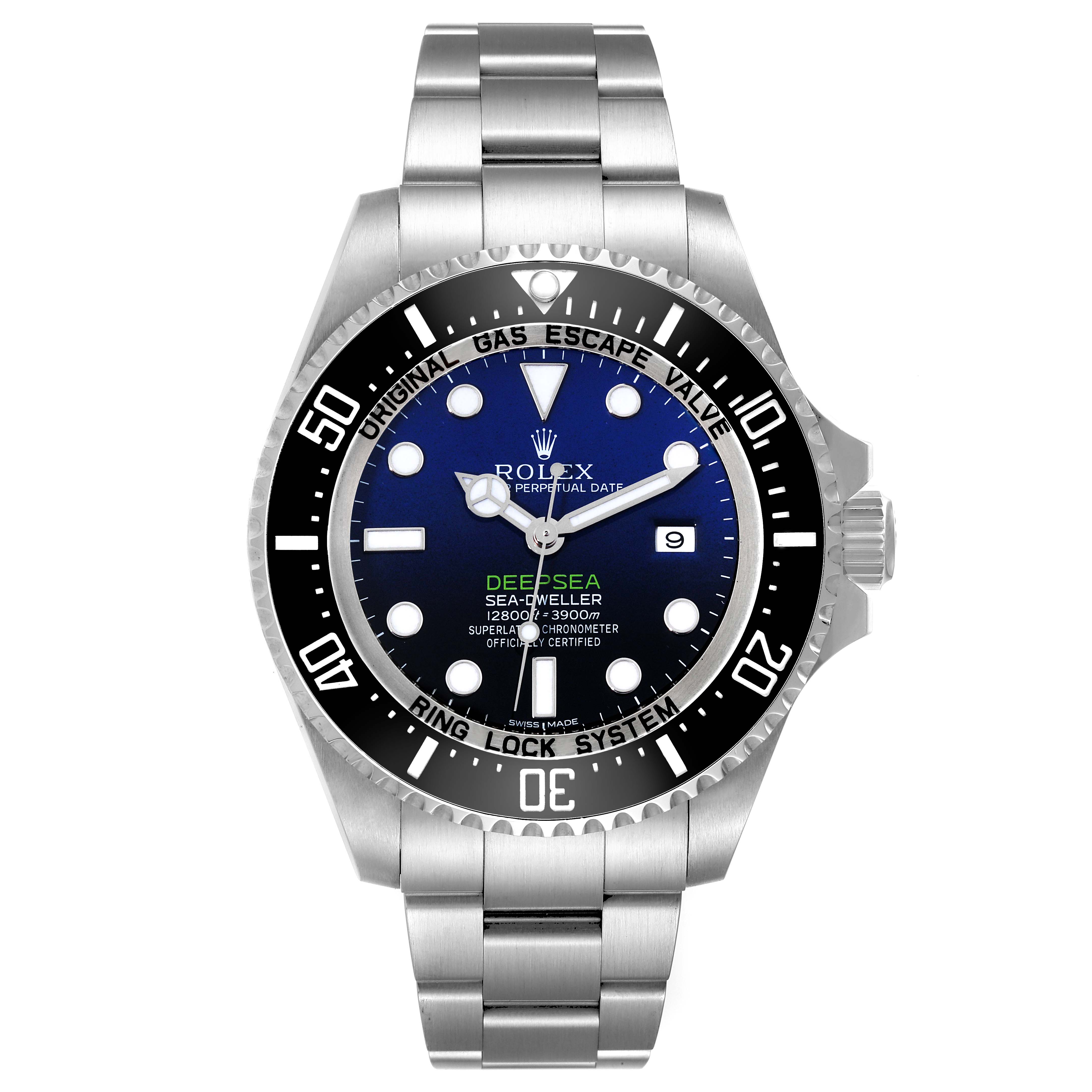 The image shows a front view of a Rolex Sea-Dweller 116660 Men's Stainless Steel Blue Dial 116660 Men's Stainless Steel Blue Dial watch, showcasing its dial, bezel, and bracelet.
