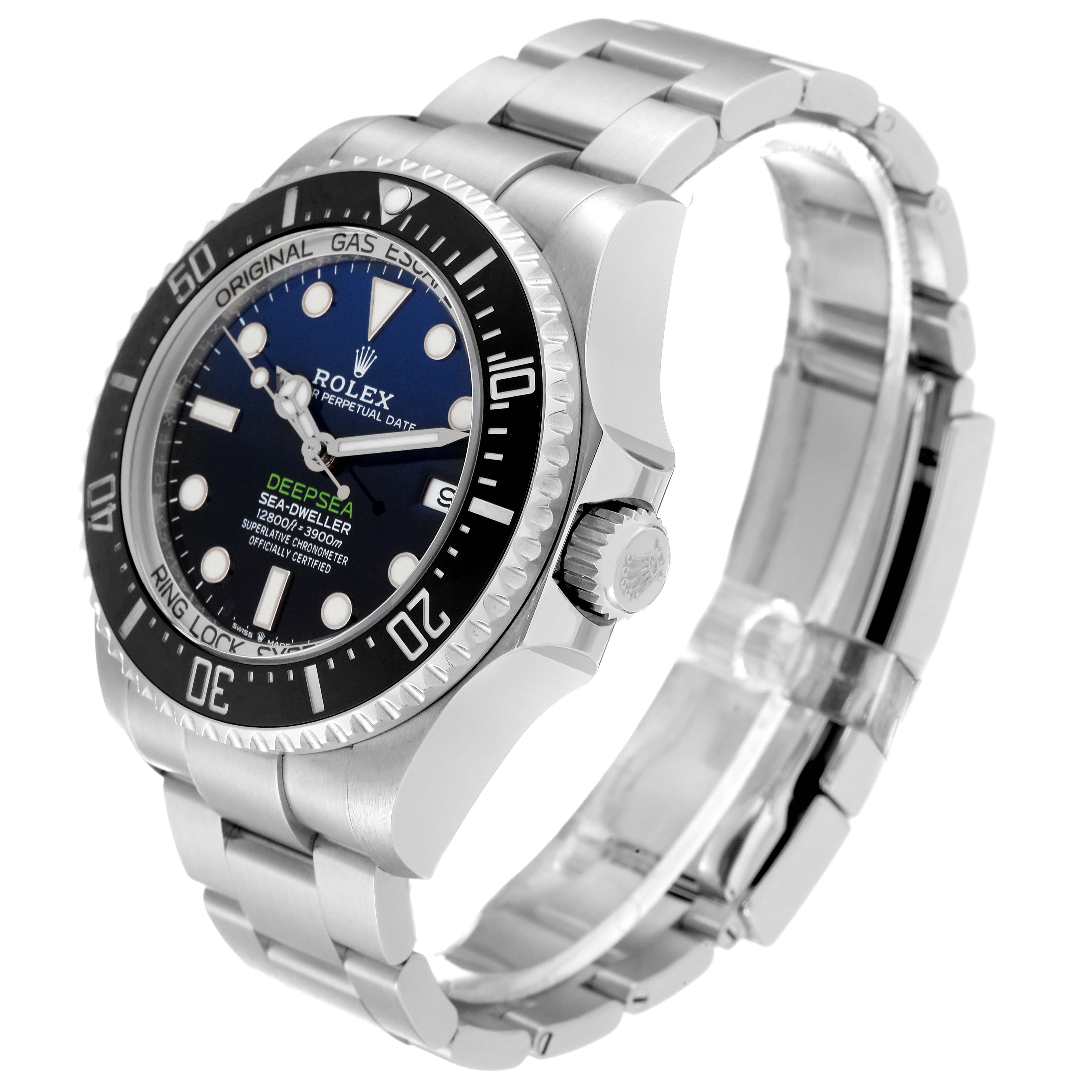 The watch features a side angle showing the face, bezel, crown, and bracelet of the Rolex Sea-Dweller 136660 Men's Stainless Steel Blue Dial.