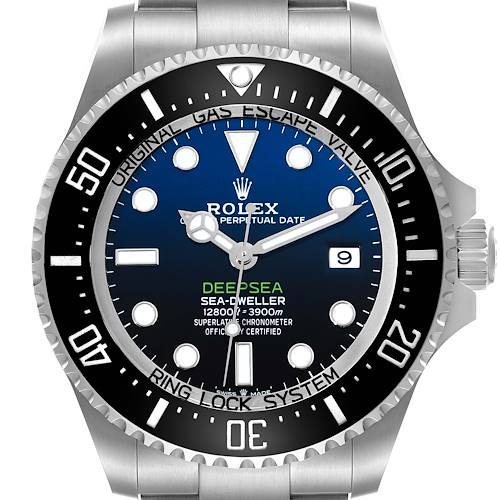 The Rolex Sea-Dweller 136660 Men's Stainless Steel Blue Dial watch is shown from the front, displaying its bezel, dial, hands, date window, and crown on the side.