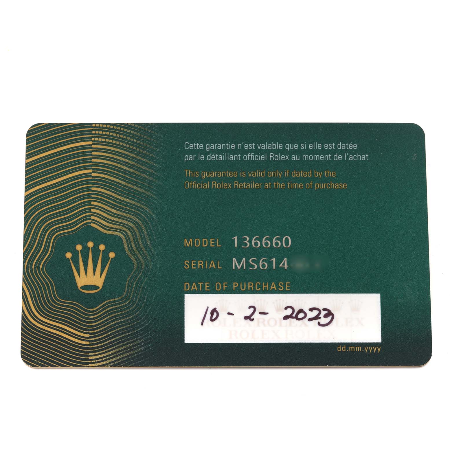 The image shows a warranty card for the Rolex Sea-Dweller 136660 Men's Stainless Steel Blue Dial model, outlining details like model number and purchase date.