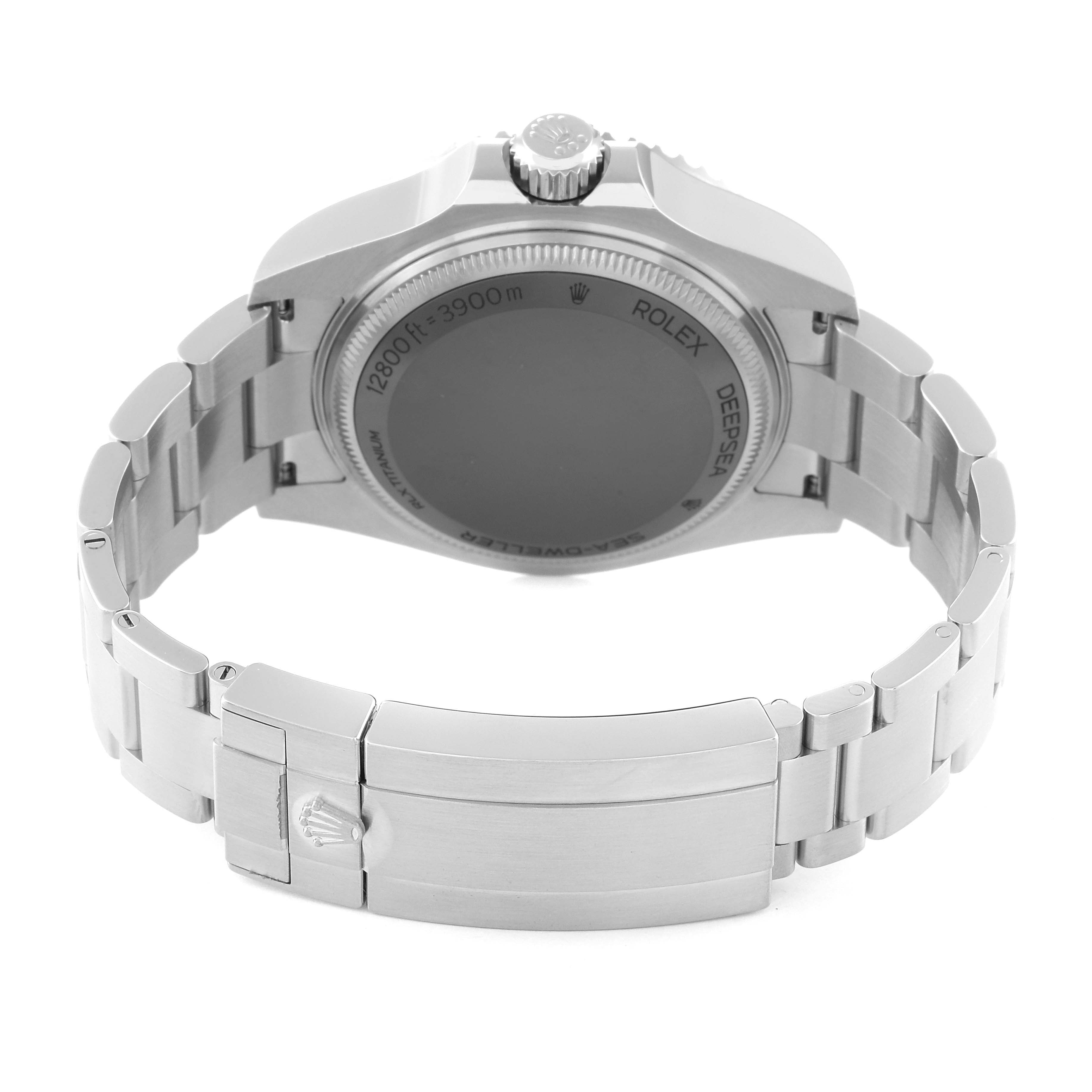 The image shows the back and clasp of the Rolex Sea-Dweller 136660 Men's Stainless Steel Blue Dial, highlighting the case back and bracelet design.