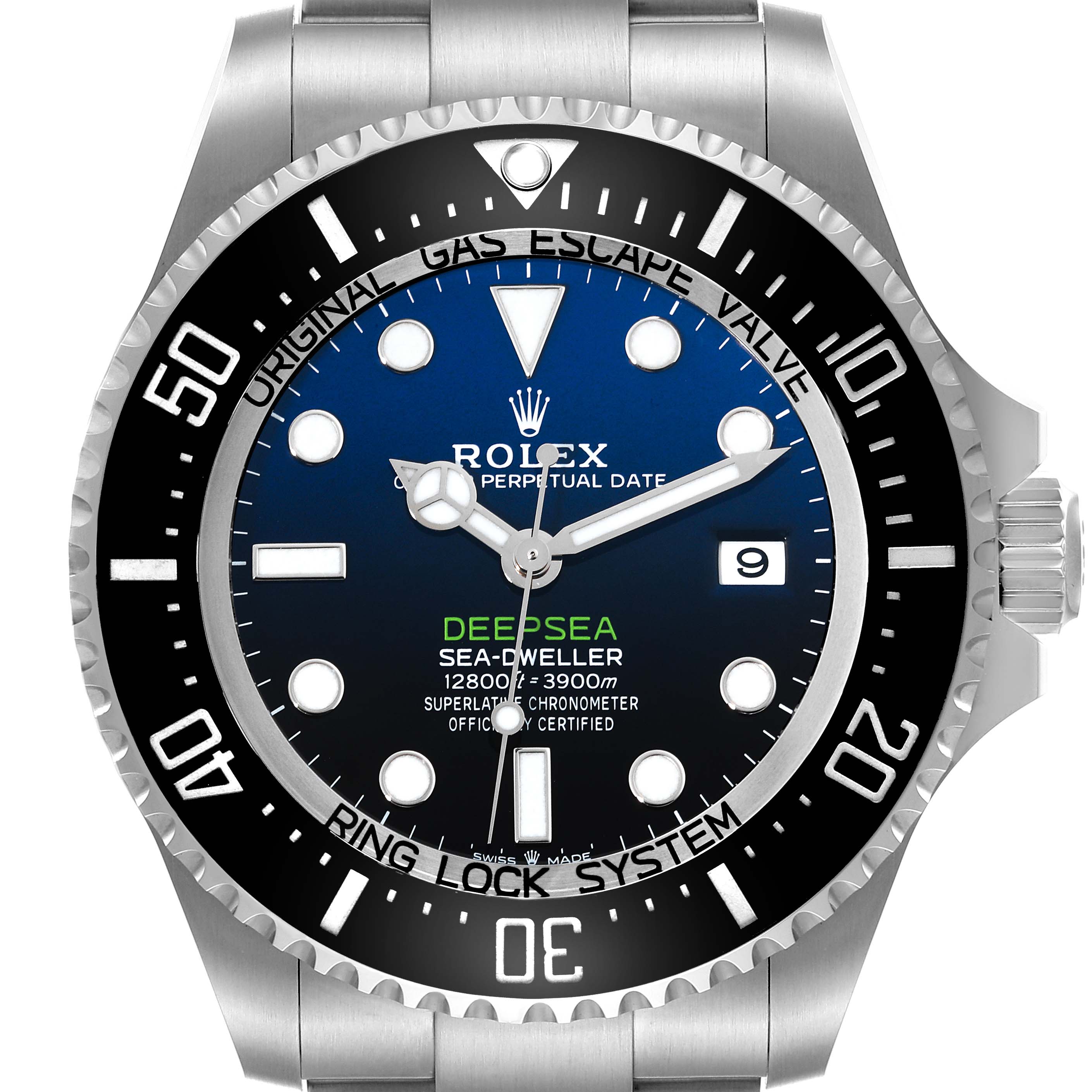 The Rolex Sea-Dweller 136660 Men's Stainless Steel Blue Dial watch is shown from a front view, highlighting the dial, bezel, and bracelet top.