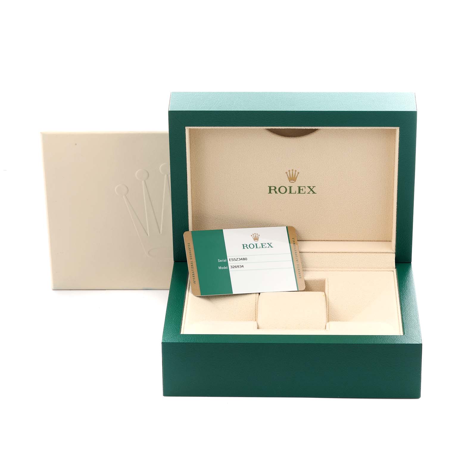 The image shows an open Rolex Sky-Dweller 326934 Men's Stainless Steel Blue Dial 326934 Men's Stainless Steel Blue Dial watch box and warranty card inside.