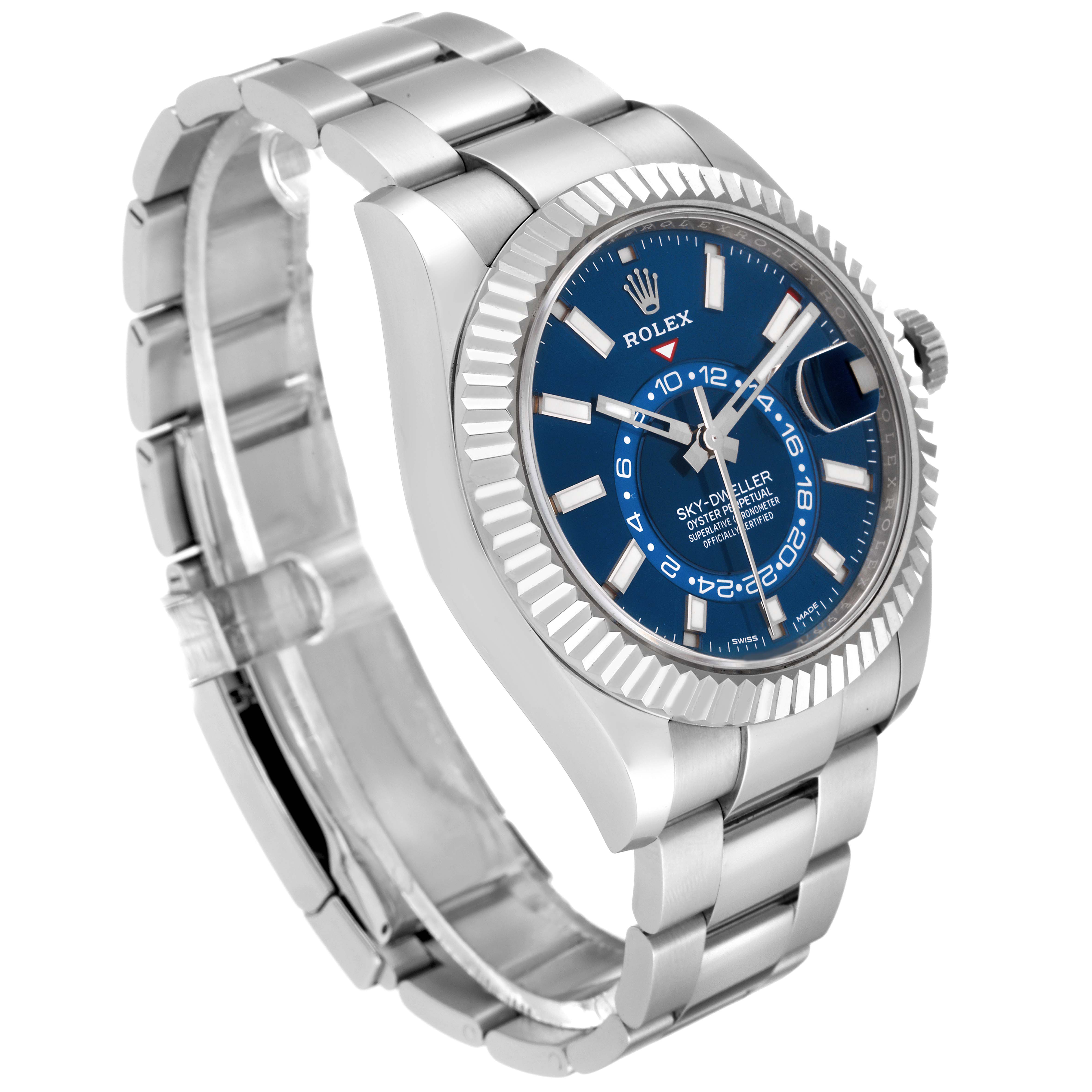 The Rolex Sky-Dweller 326934 Men's Stainless Steel Blue Dial 326934 Men's Stainless Steel Blue Dial watch is shown at a three-quarter angle, highlighting the blue dial, bezel, and steel bracelet.