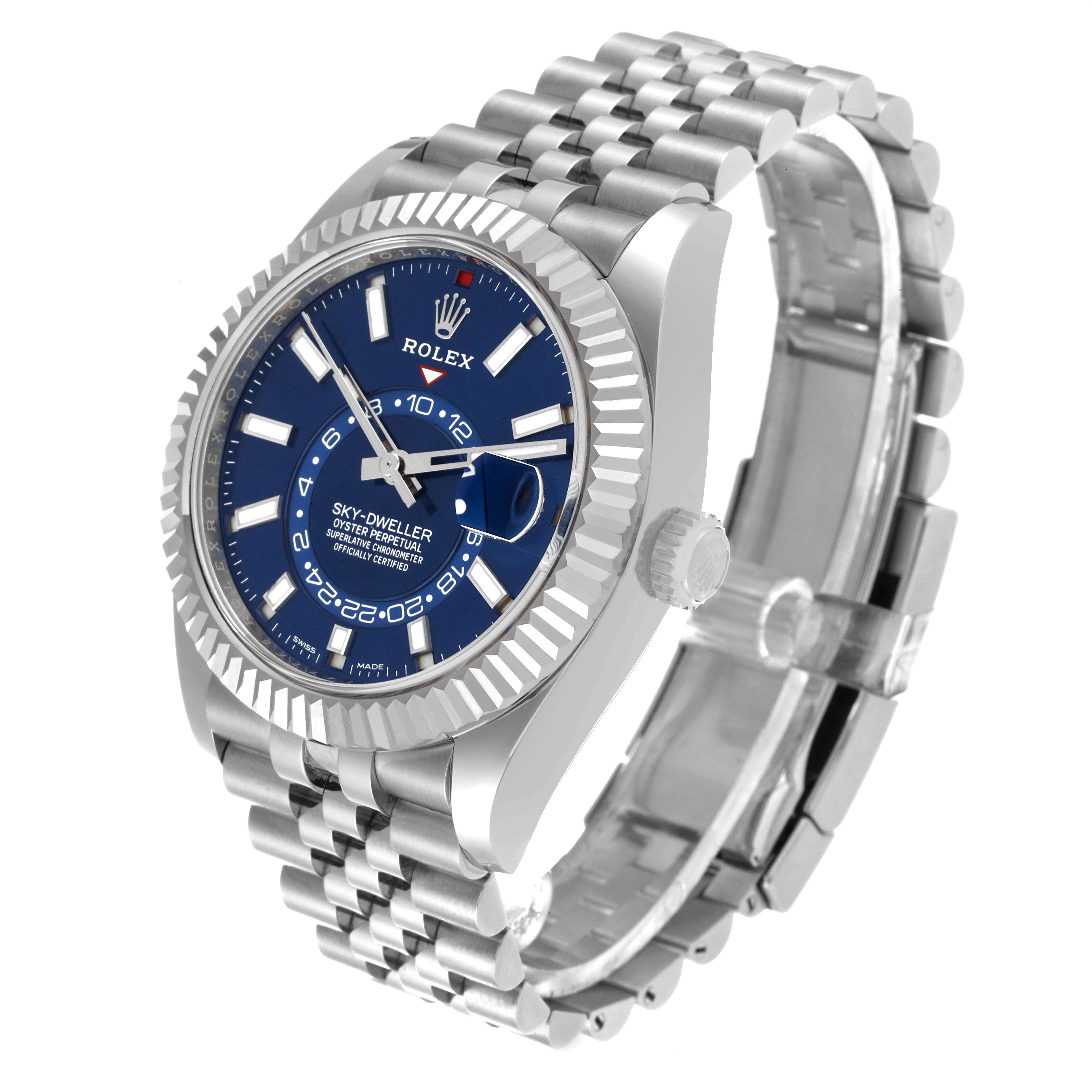 The image shows a side view of a Rolex Sky-Dweller 326934 Men's Stainless Steel Blue Dial 326934 Men's Stainless Steel Blue Dial watch, highlighting its blue dial, bezel, case, and bracelet.