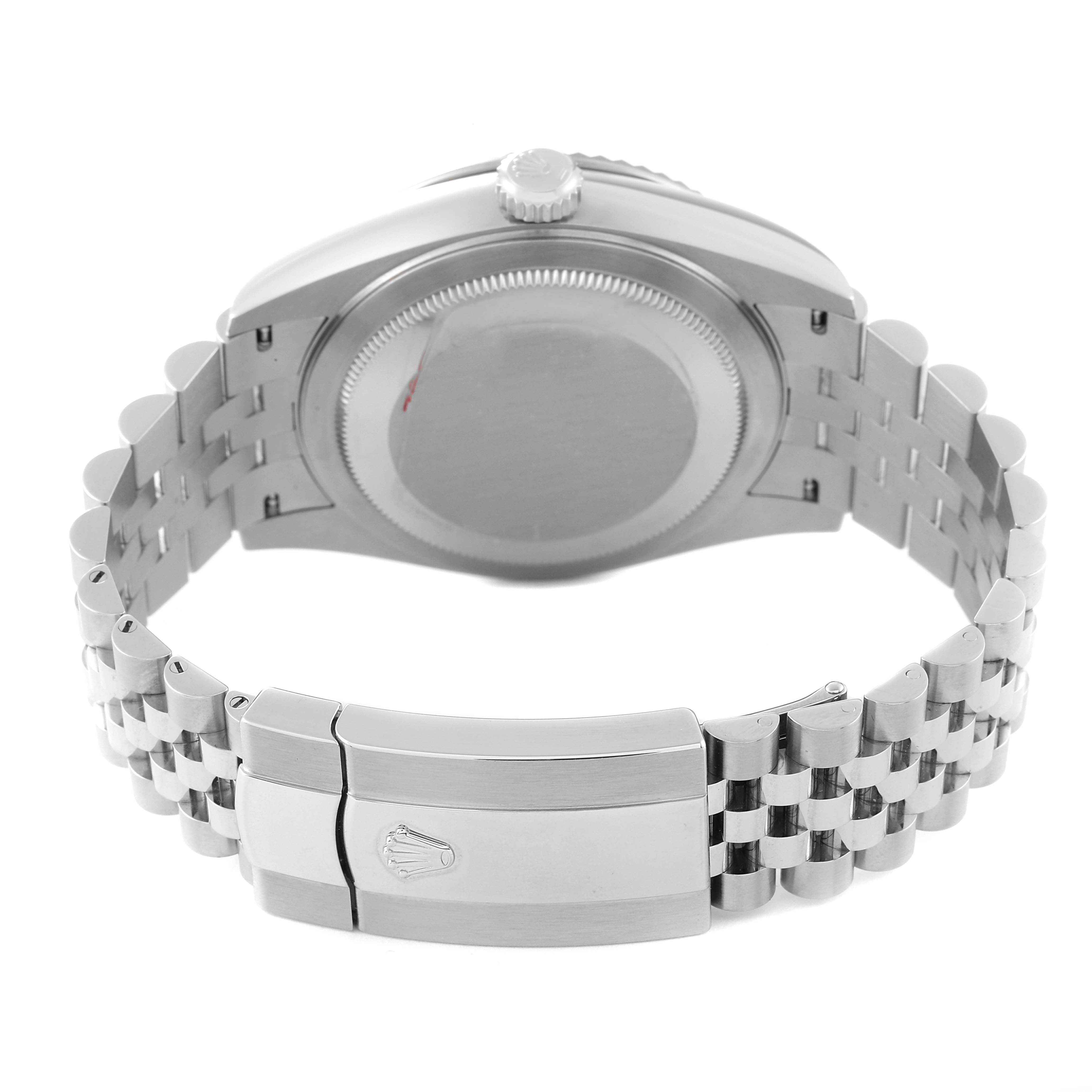 This image shows the back view of a Rolex Sky-Dweller 326934 Men's Stainless Steel Blue Dial 326934 Men's Stainless Steel Blue Dial watch, highlighting the case back, crown, and metal bracelet with a clasp.