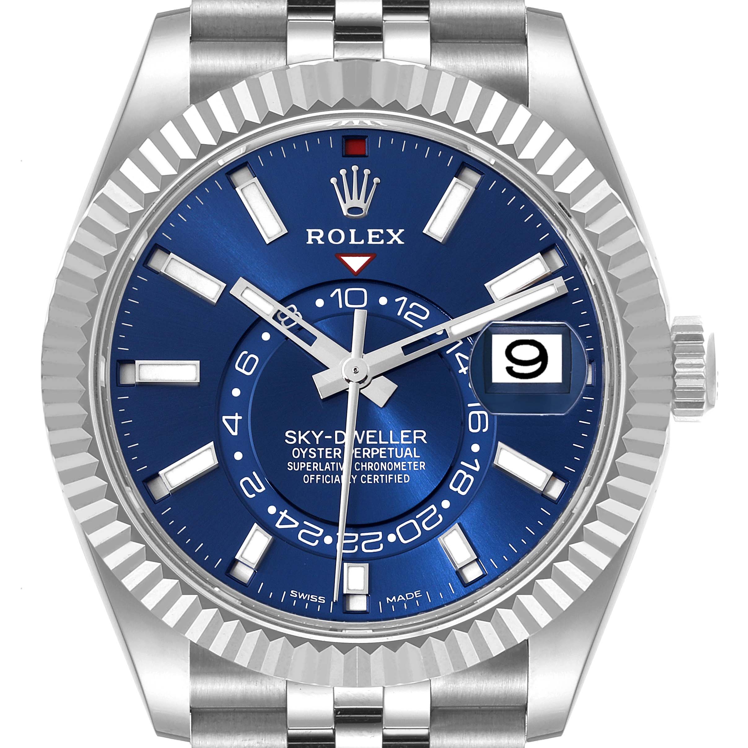 The image shows a front view of the Rolex Sky-Dweller 326934 Men's Stainless Steel Blue Dial 326934 Men's Stainless Steel Blue Dial watch, highlighting the blue dial, fluted bezel, and date display.