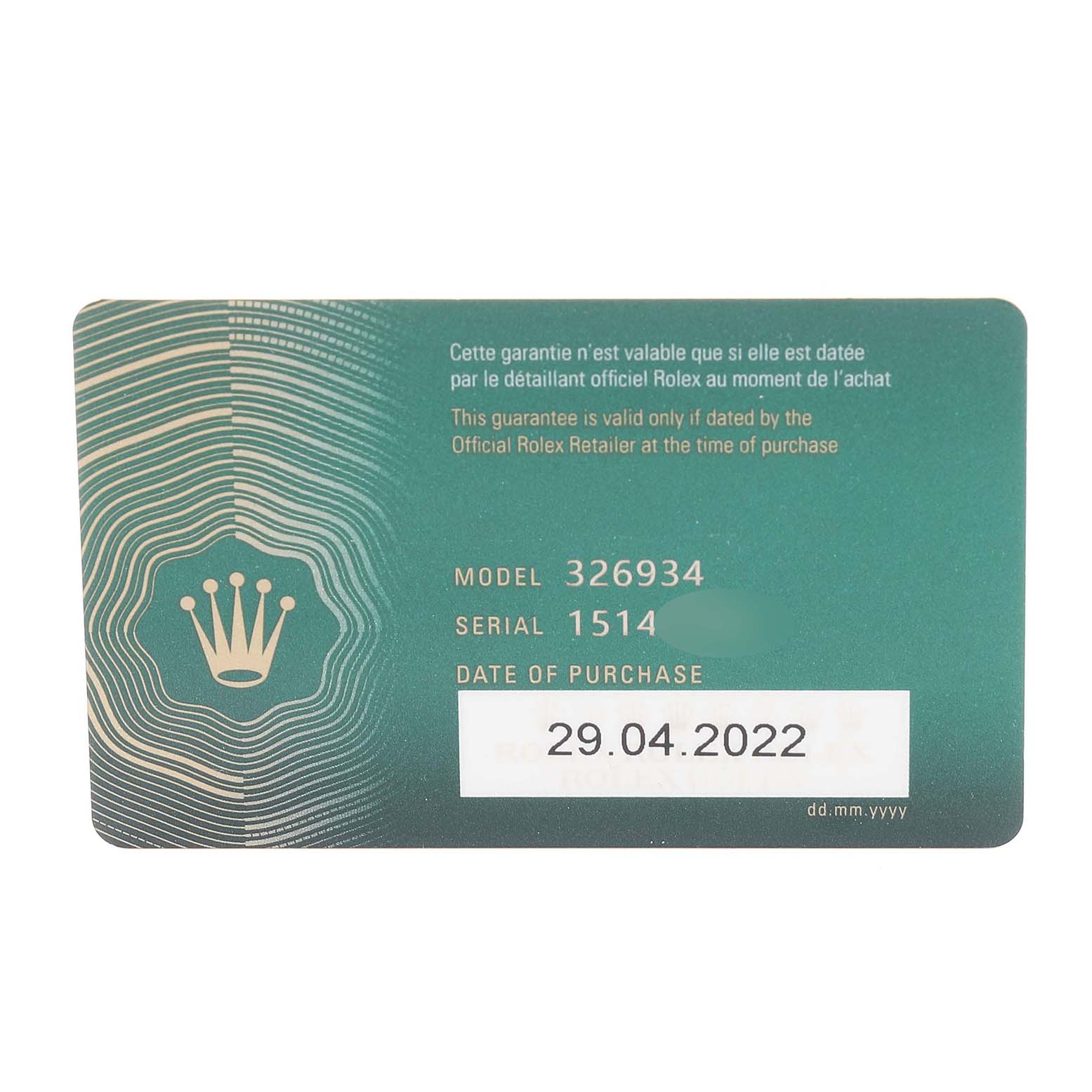 This image shows a warranty card for the Rolex Sky-Dweller 326934 Men's Stainless Steel Blue Dial 326934 Men's Stainless Steel Blue Dial model, displaying the model number, serial number, and purchase date.