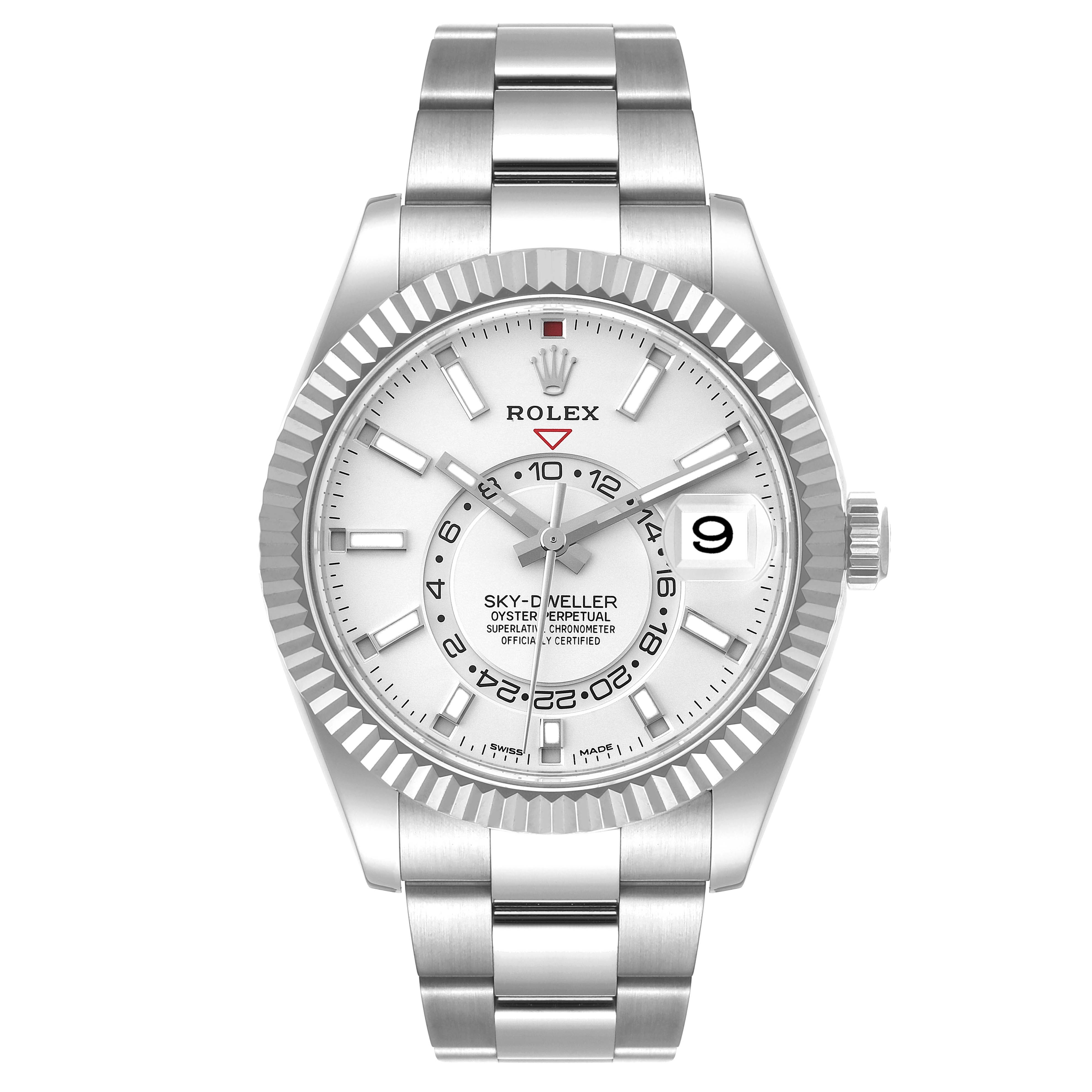 The image shows a front view of the Rolex Sky-Dweller 326934 Men's Stainless Steel White Dial 326934 Men's Stainless Steel White Dial watch, highlighting its dial, bezel, and bracelet.