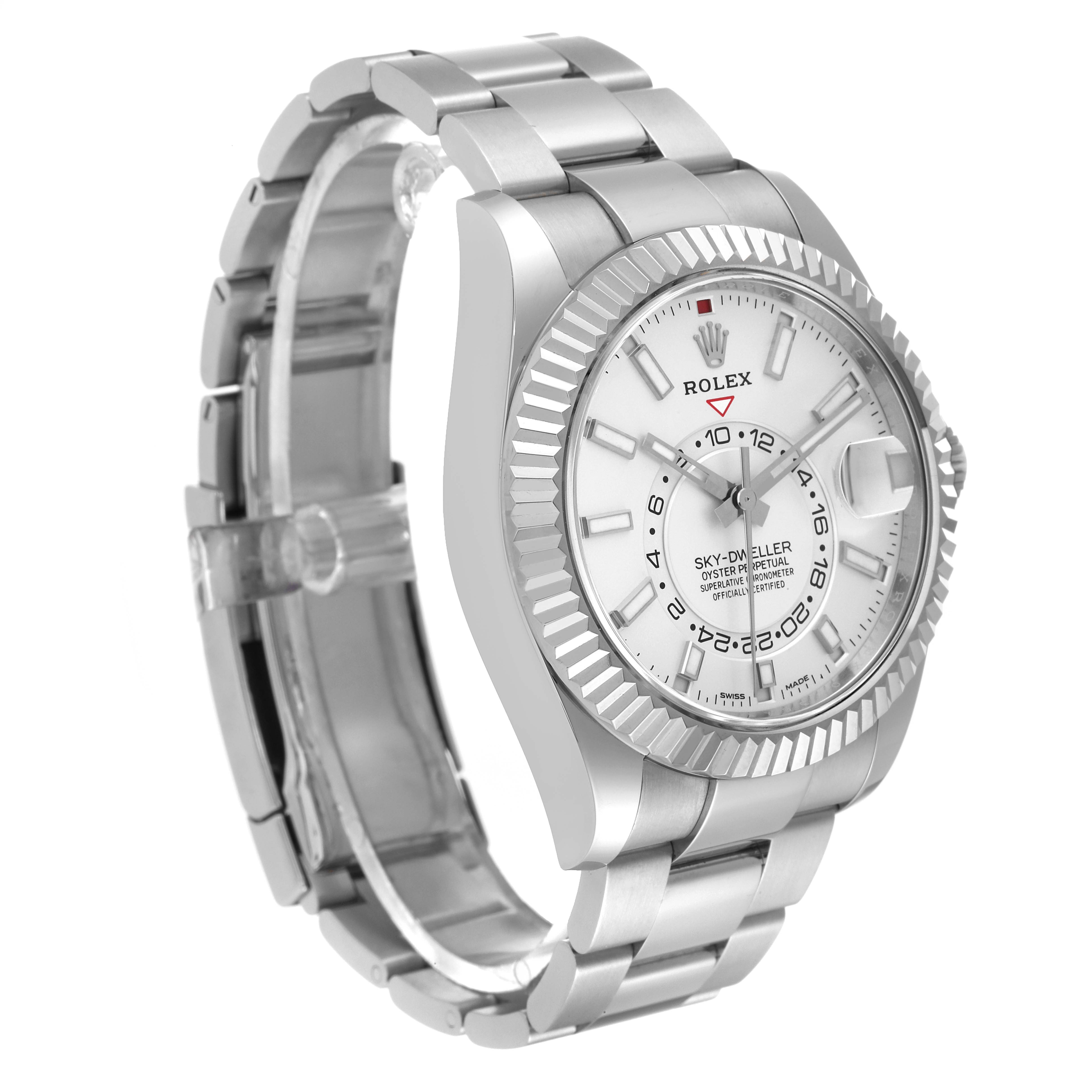 The image shows a Rolex Sky-Dweller 326934 Men's Stainless Steel White Dial 326934 Men's Stainless Steel White Dial watch at a 3/4 angle, highlighting the face, bezel, and bracelet.
