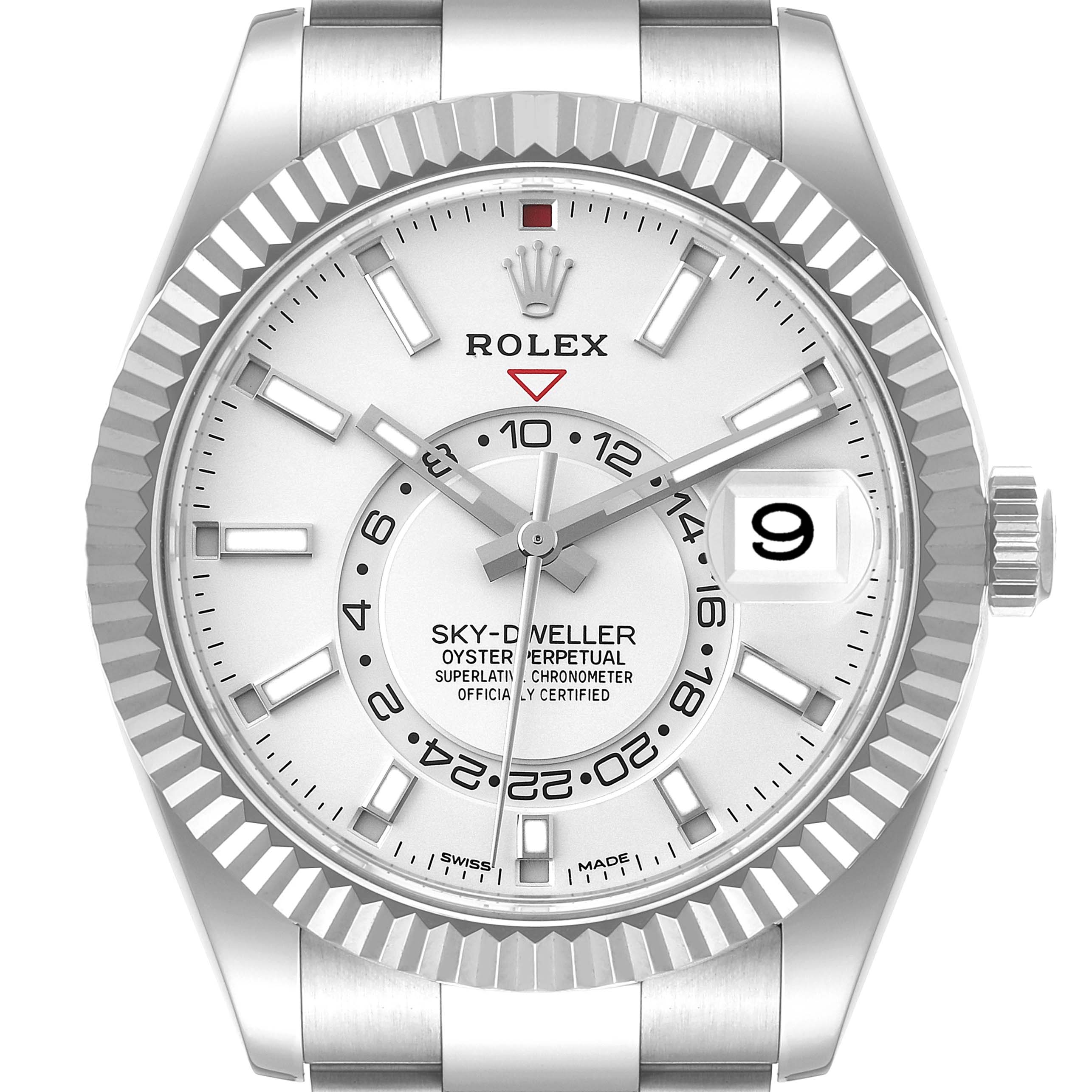 The image shows a front view of the Rolex Sky-Dweller 326934 Men's Stainless Steel White Dial 326934 Men's Stainless Steel White Dial watch, highlighting the dial, hands, markers, bezel, brand logo, and date display.