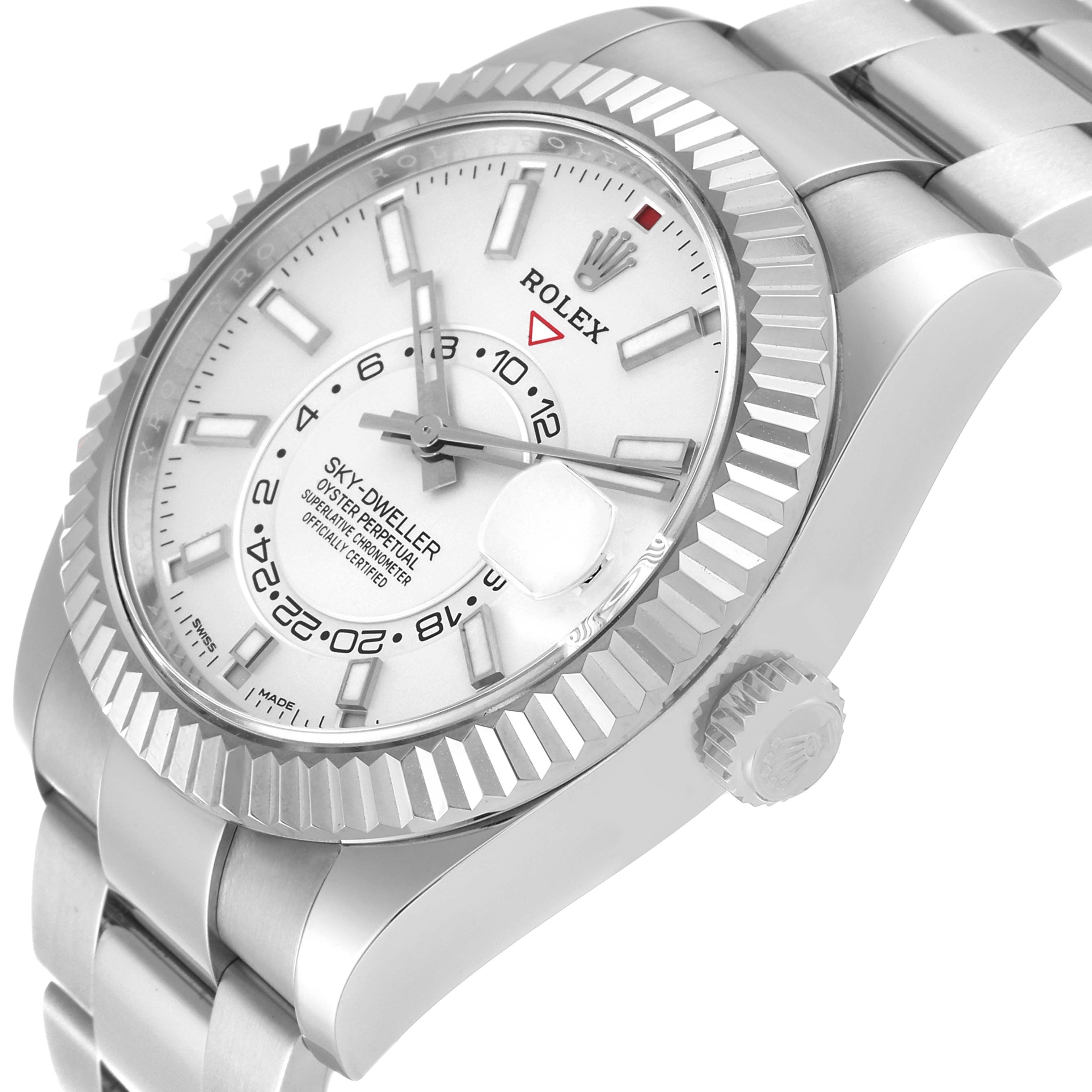 The image shows a Rolex Sky-Dweller 326934 Men's Stainless Steel White Dial 326934 Men's Stainless Steel White Dial watch at a tilted angle, highlighting the dial, bezel, crown, and part of the bracelet.