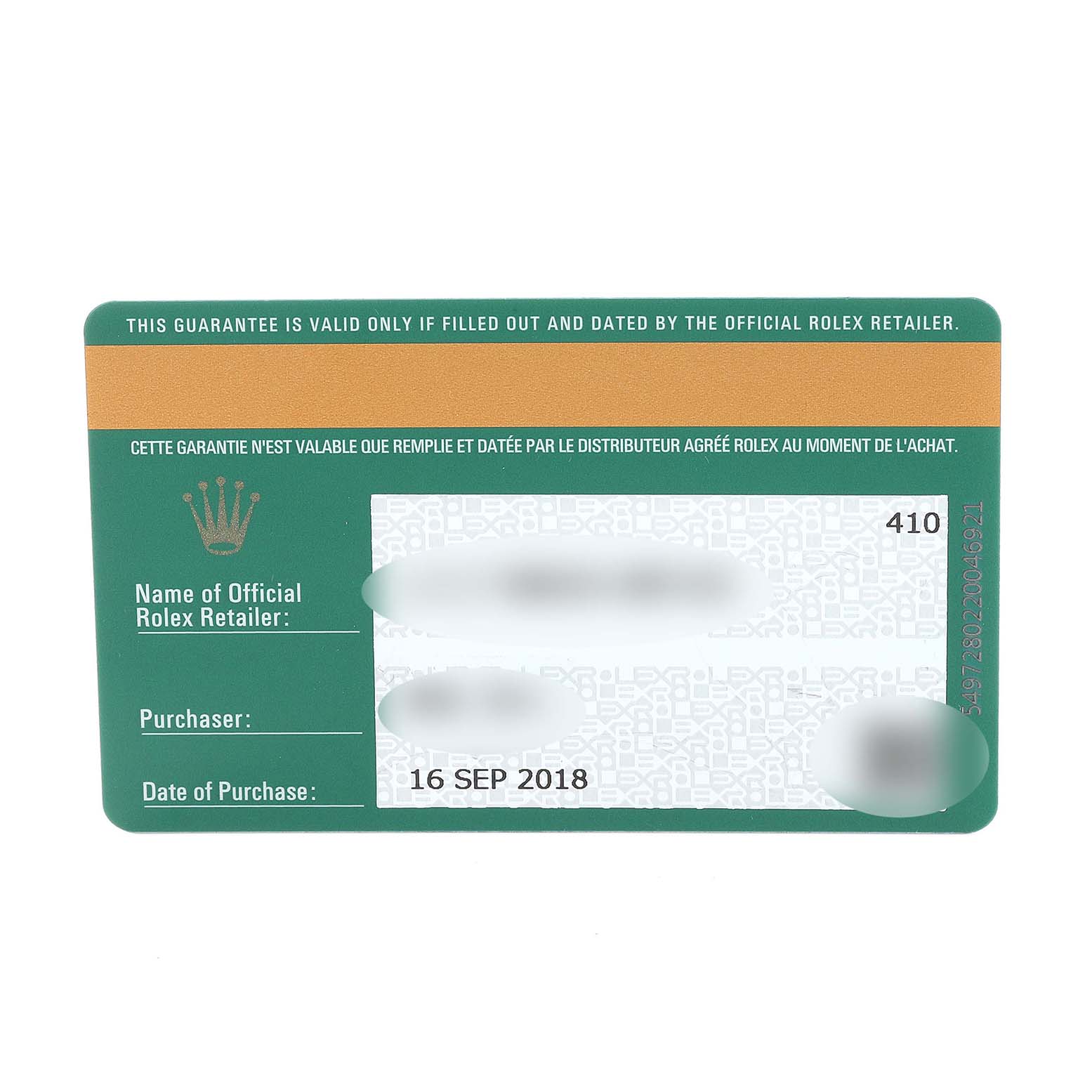 The image shows a guarantee card for the Rolex Sky-Dweller 326934 Men's Stainless Steel White Dial 326934 Men's Stainless Steel White Dial model.