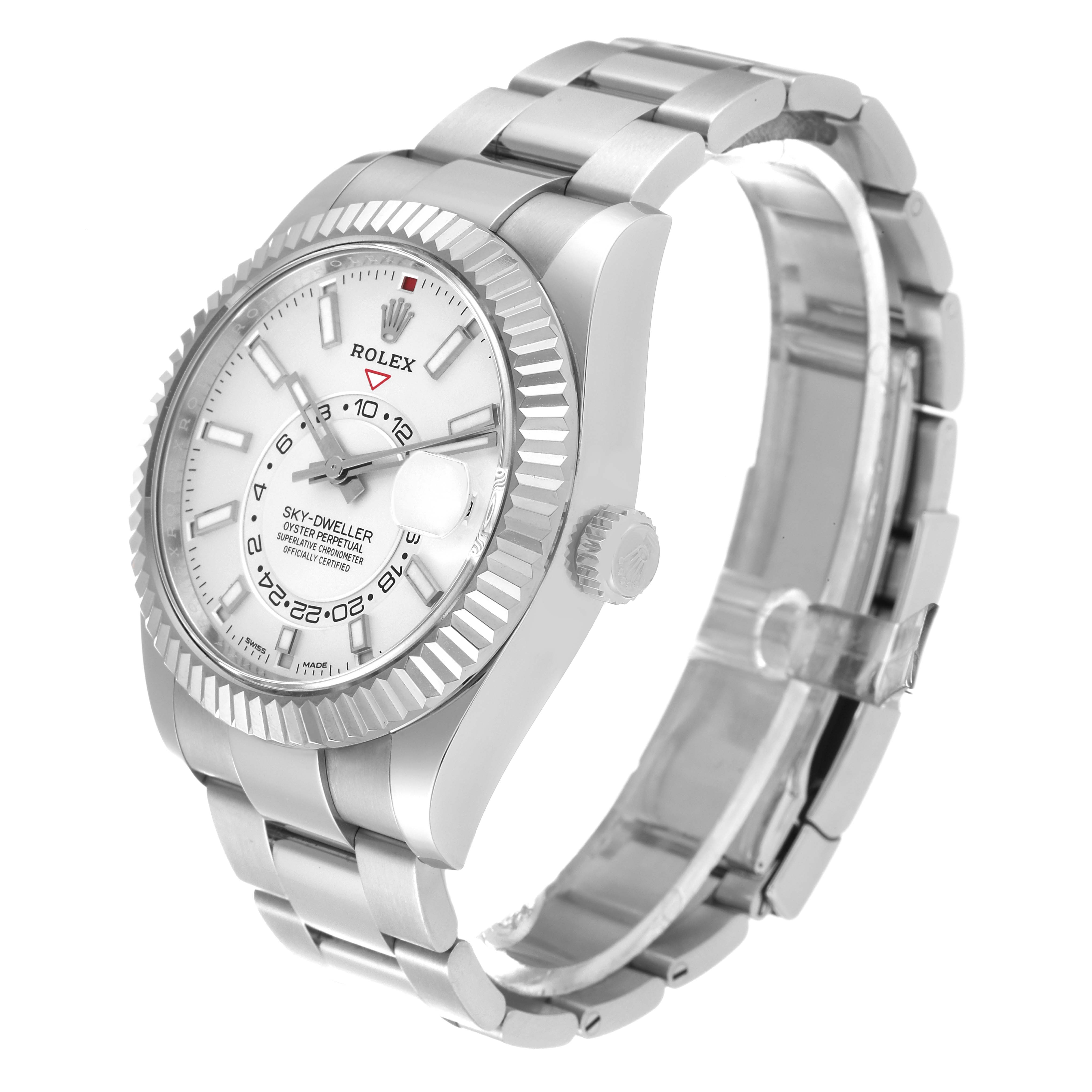 The image shows a Rolex Sky-Dweller 326934 Men's Stainless Steel White Dial 326934 Men's Stainless Steel White Dial watch angled from the front-left, highlighting the dial, bezel, crown, and part of the bracelet.
