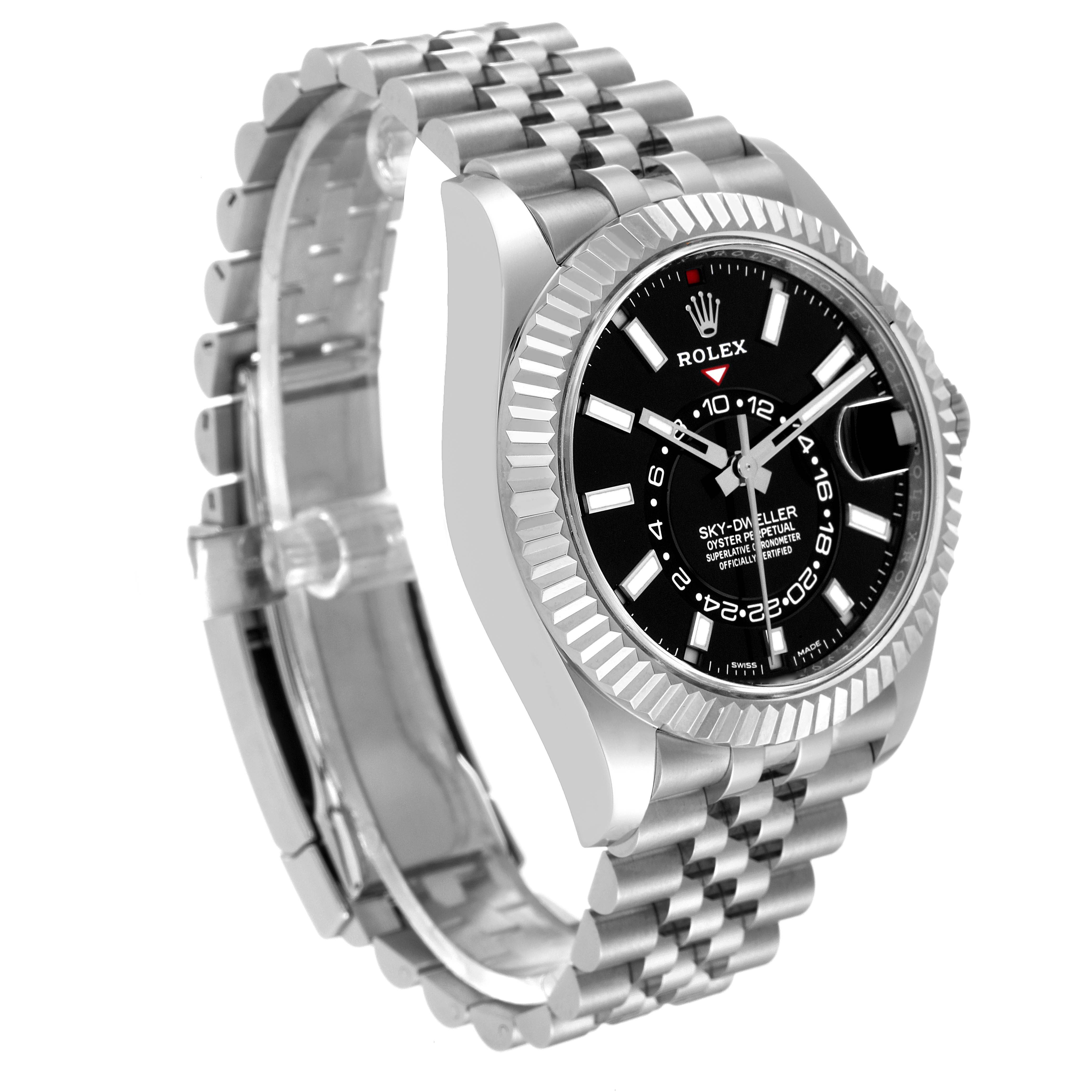 The image shows a side-angle view of the Rolex Sky-Dweller 326934 Men's Stainless Steel Black Dial 326934 Men's Stainless Steel Black Dial watch, highlighting its black dial, bezel, and metal bracelet.