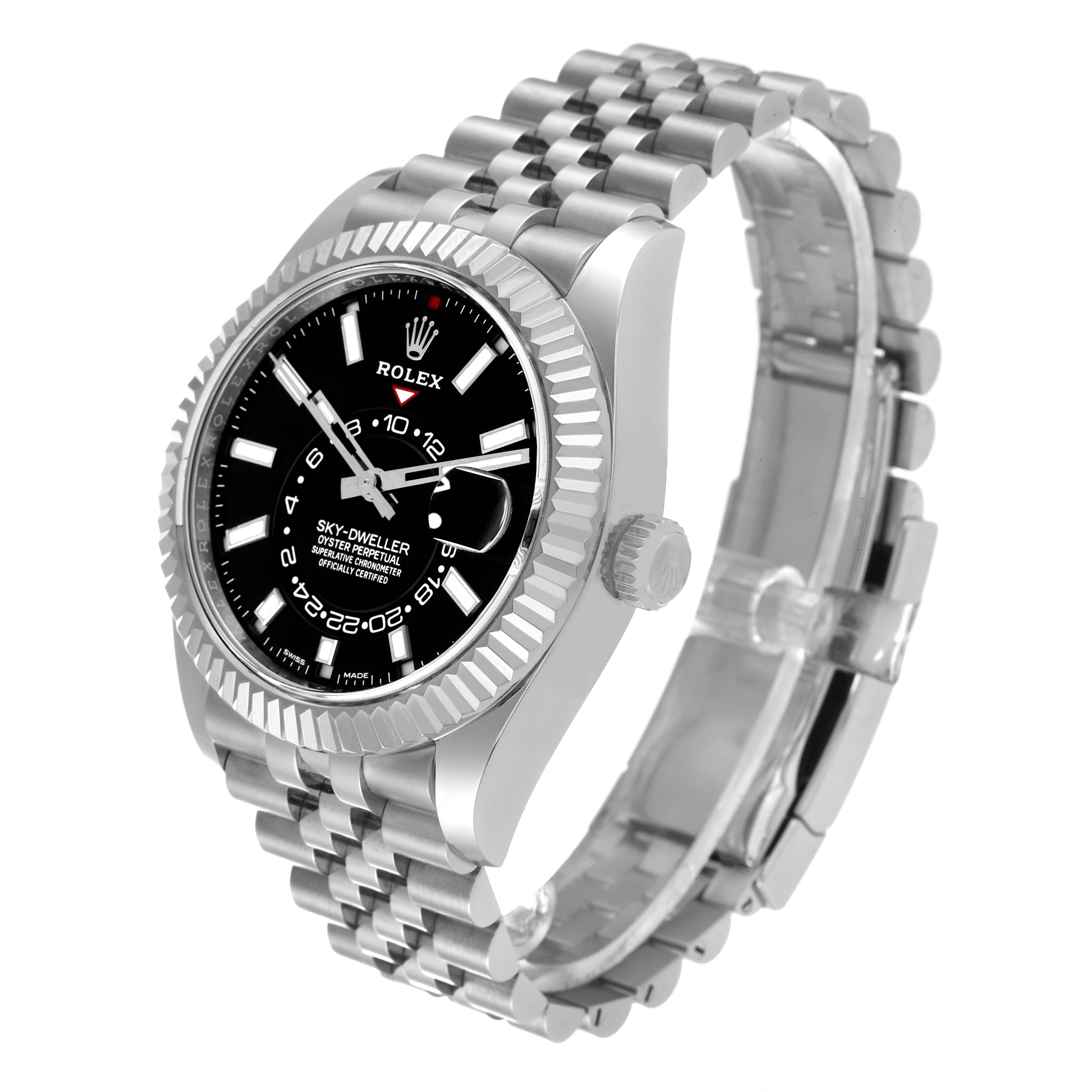 The Rolex Sky-Dweller 326934 Men's Stainless Steel Black Dial 326934 Men's Stainless Steel Black Dial watch is shown at an angled side view, displaying the dial, bezel, and bracelet.