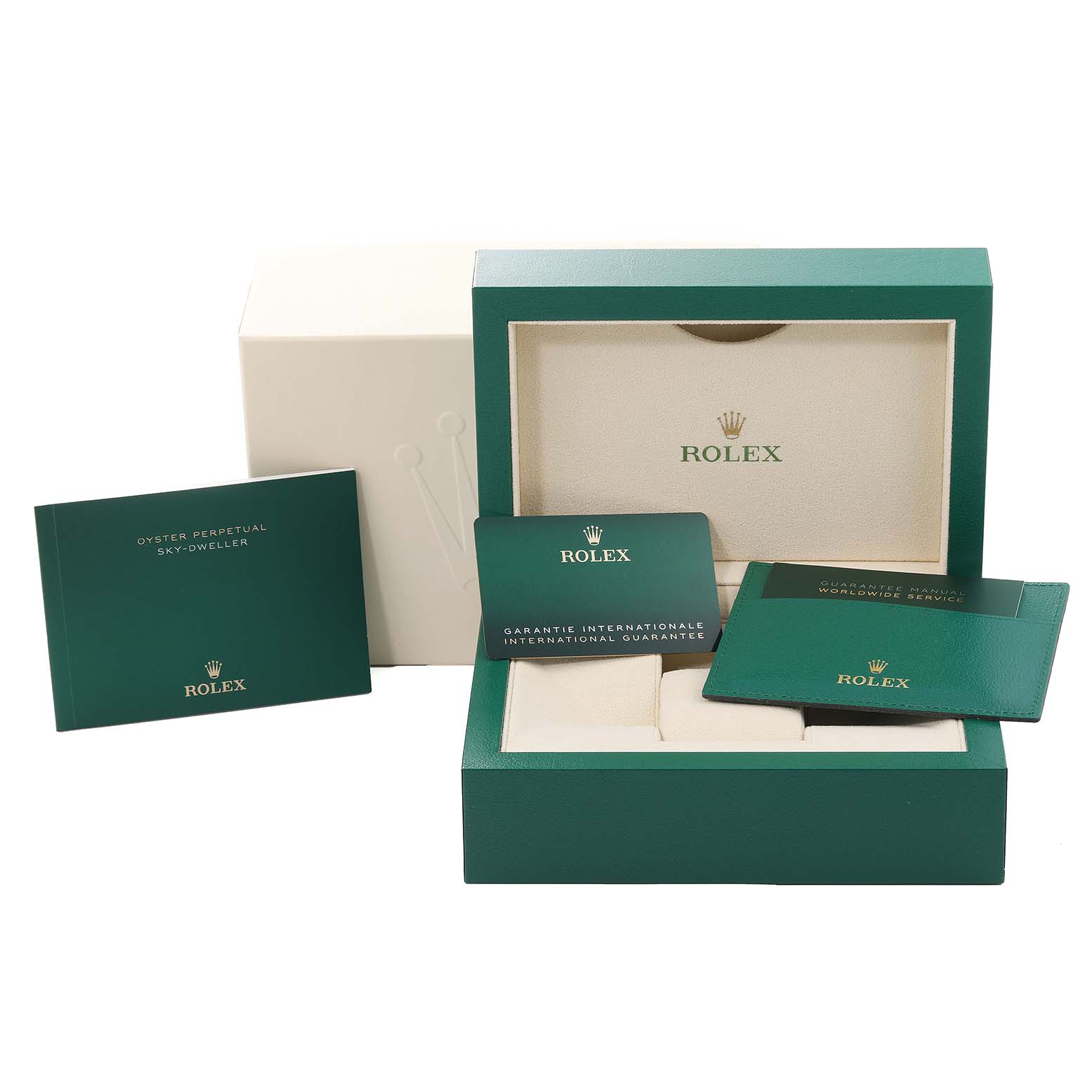 The image shows the packaging, including the box and documentation, for a Rolex Sky-Dweller 326934 Men's Stainless Steel Blue Dial 326934 Men's Stainless Steel Blue Dial watch.