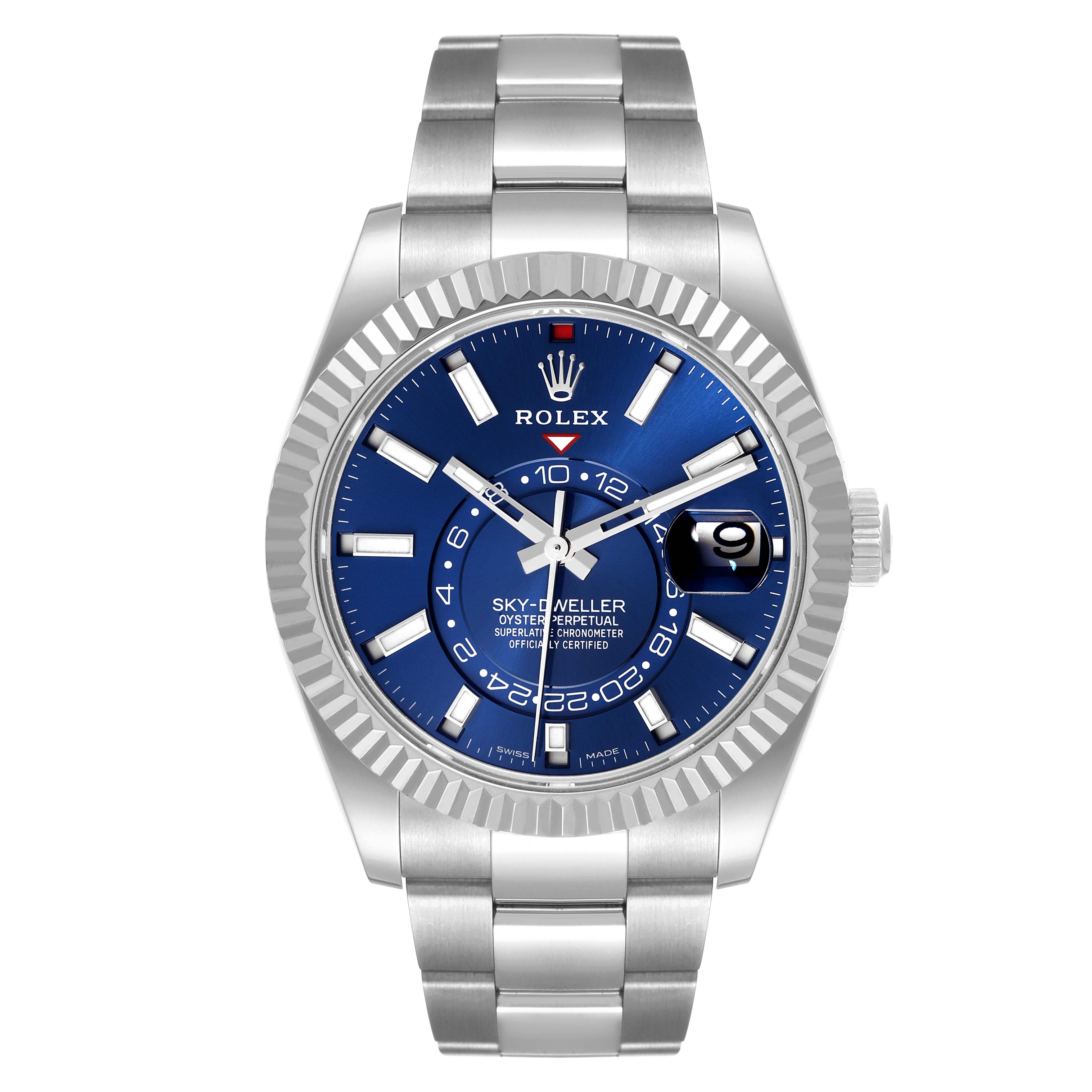 This image shows a front view of the Rolex Sky-Dweller 326934 Men's Stainless Steel Blue Dial 326934 Men's Stainless Steel Blue Dial watch, highlighting the blue dial, bezel, markers, and bracelet.