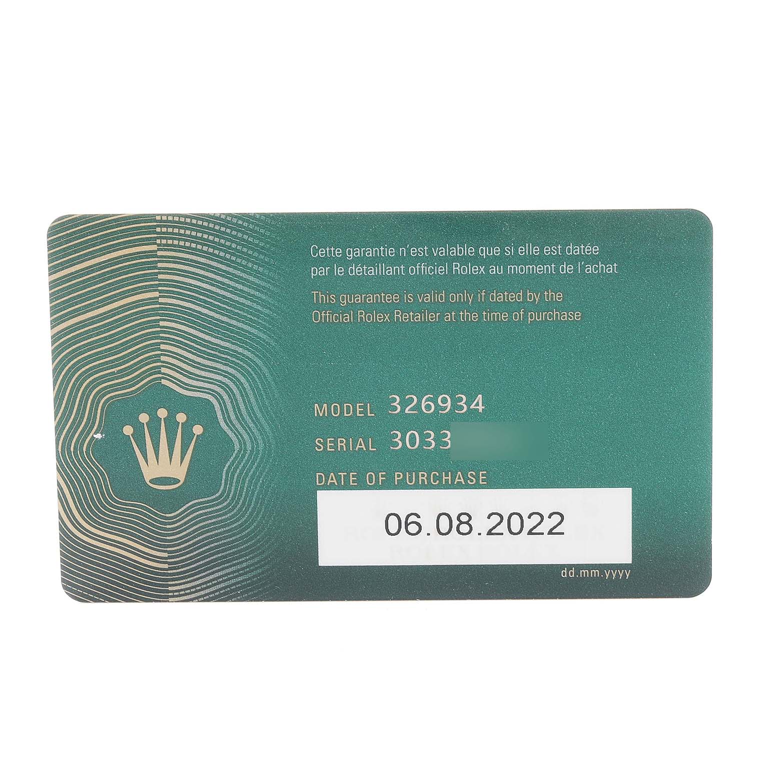 This image shows a warranty card for a Rolex Sky-Dweller 326934 Men's Stainless Steel Blue Dial 326934 Men's Stainless Steel Blue Dial model, with the model number, serial number, and date of purchase.