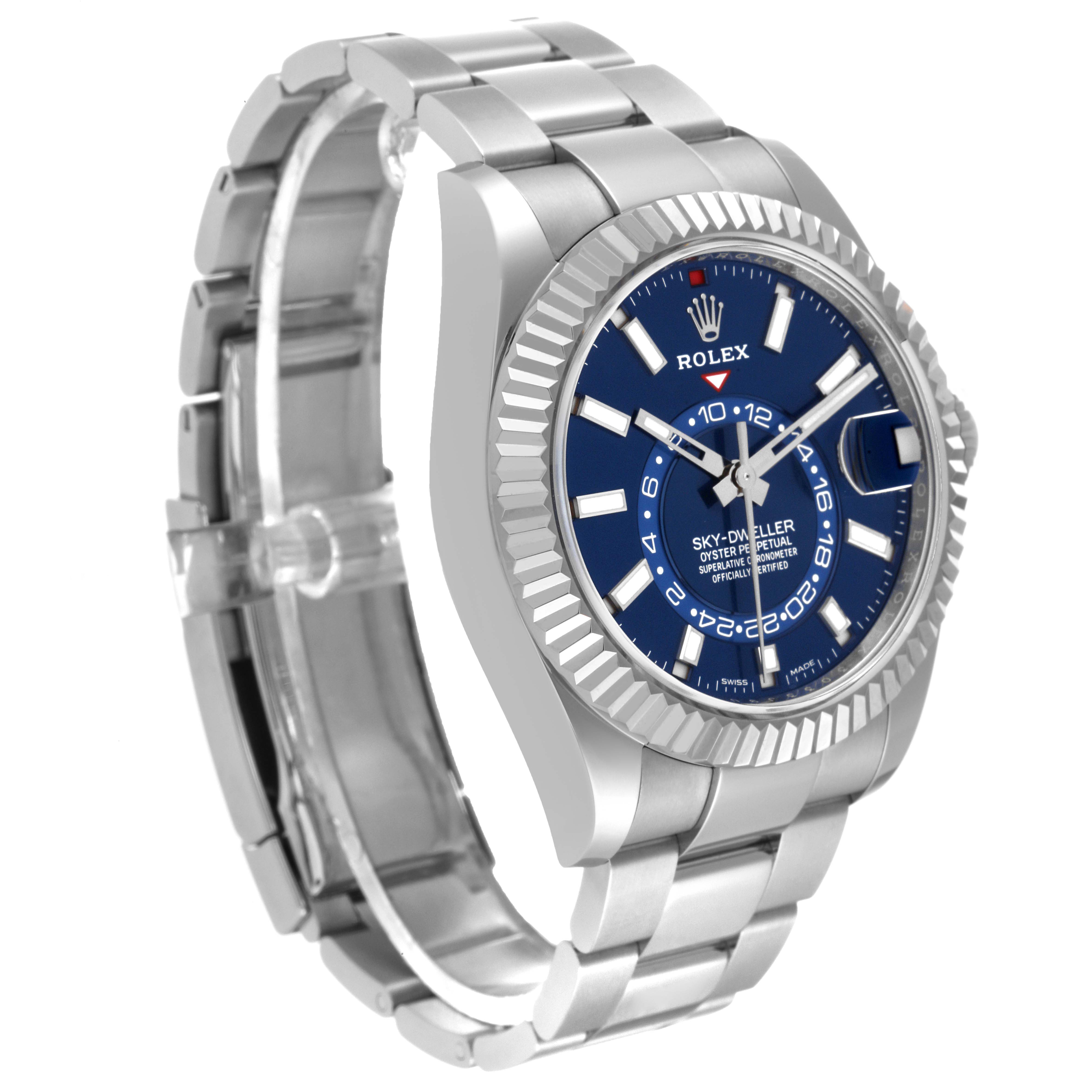 The Rolex Sky-Dweller 326934 Men's Stainless Steel Blue Dial 326934 Men's Stainless Steel Blue Dial watch is shown at an angled view, highlighting the face, bezel, and part of the bracelet.
