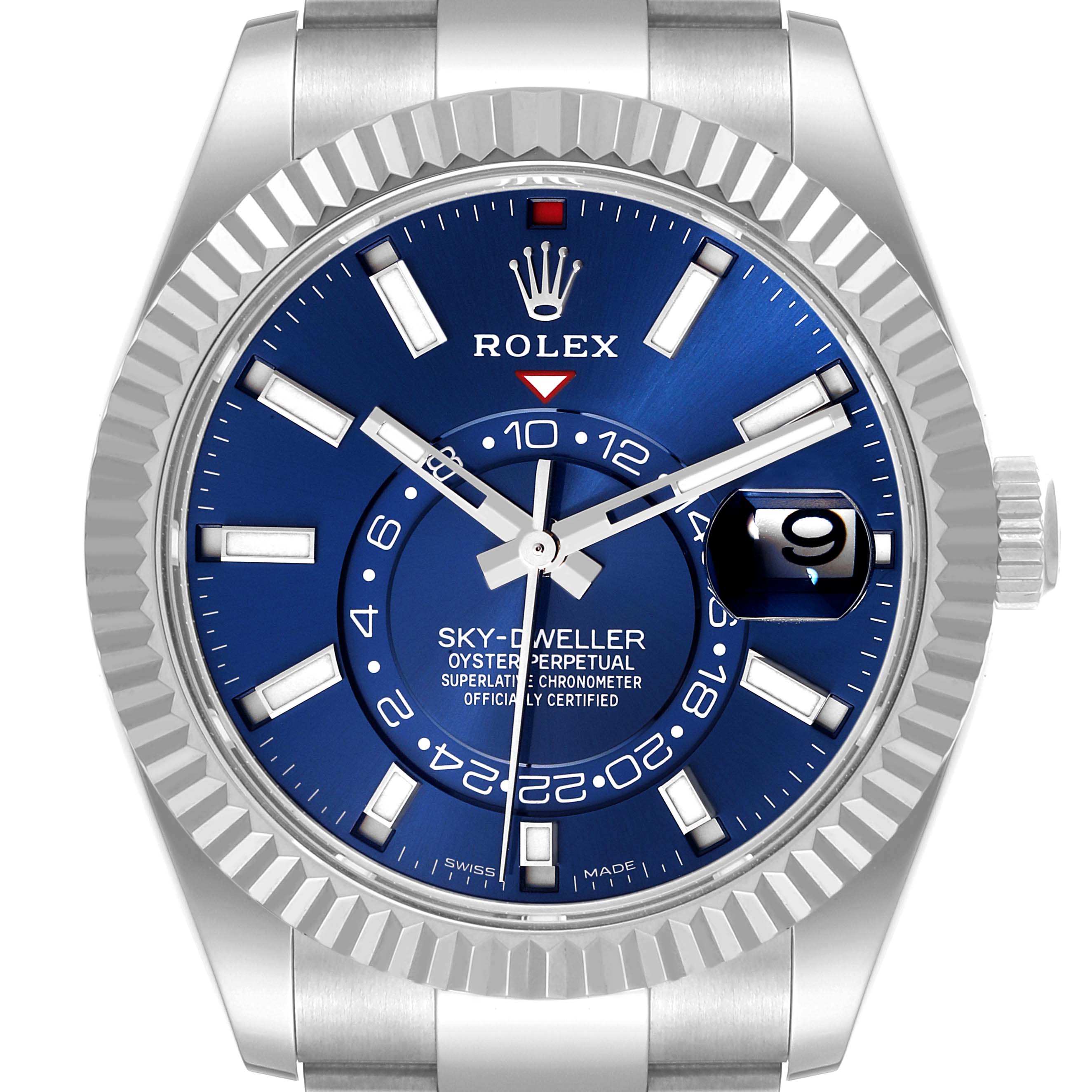 The image shows a front view of the Rolex Sky-Dweller 326934 Men's Stainless Steel Blue Dial 326934 Men's Stainless Steel Blue Dial watch, highlighting its blue dial, fluted bezel, and Cyclops date lens.