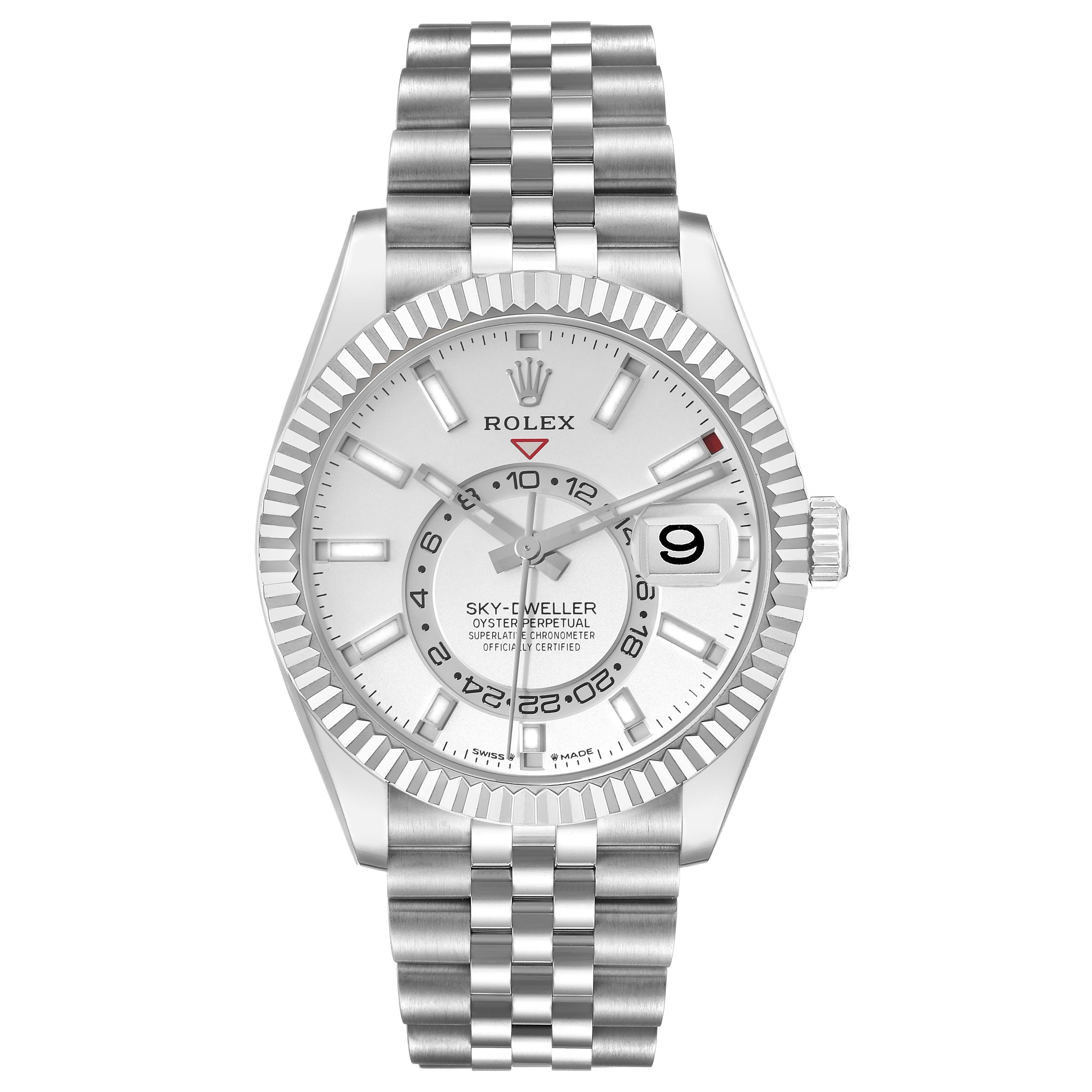 The image shows a front view of a Rolex Sky-Dweller 336934 Men's Stainless Steel Silver Dial 336934 Men's Stainless Steel Silver Dial watch, displaying the dial, bezel, crown, and bracelet.