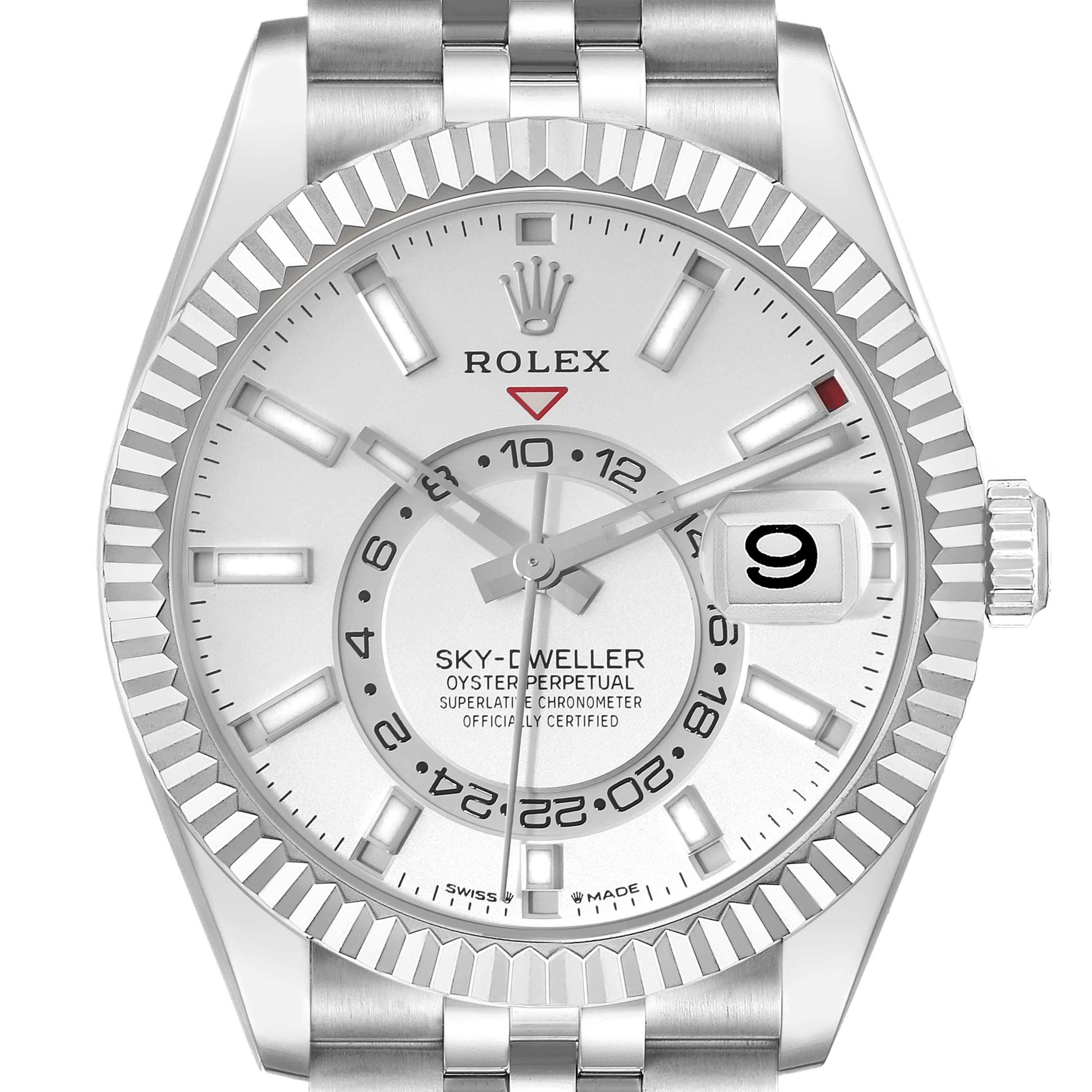 This image shows a front view of the Rolex Sky-Dweller 336934 Men's Stainless Steel Silver Dial 336934 Men's Stainless Steel Silver Dial watch, highlighting the dial, bezel, case, hands, and bracelet.