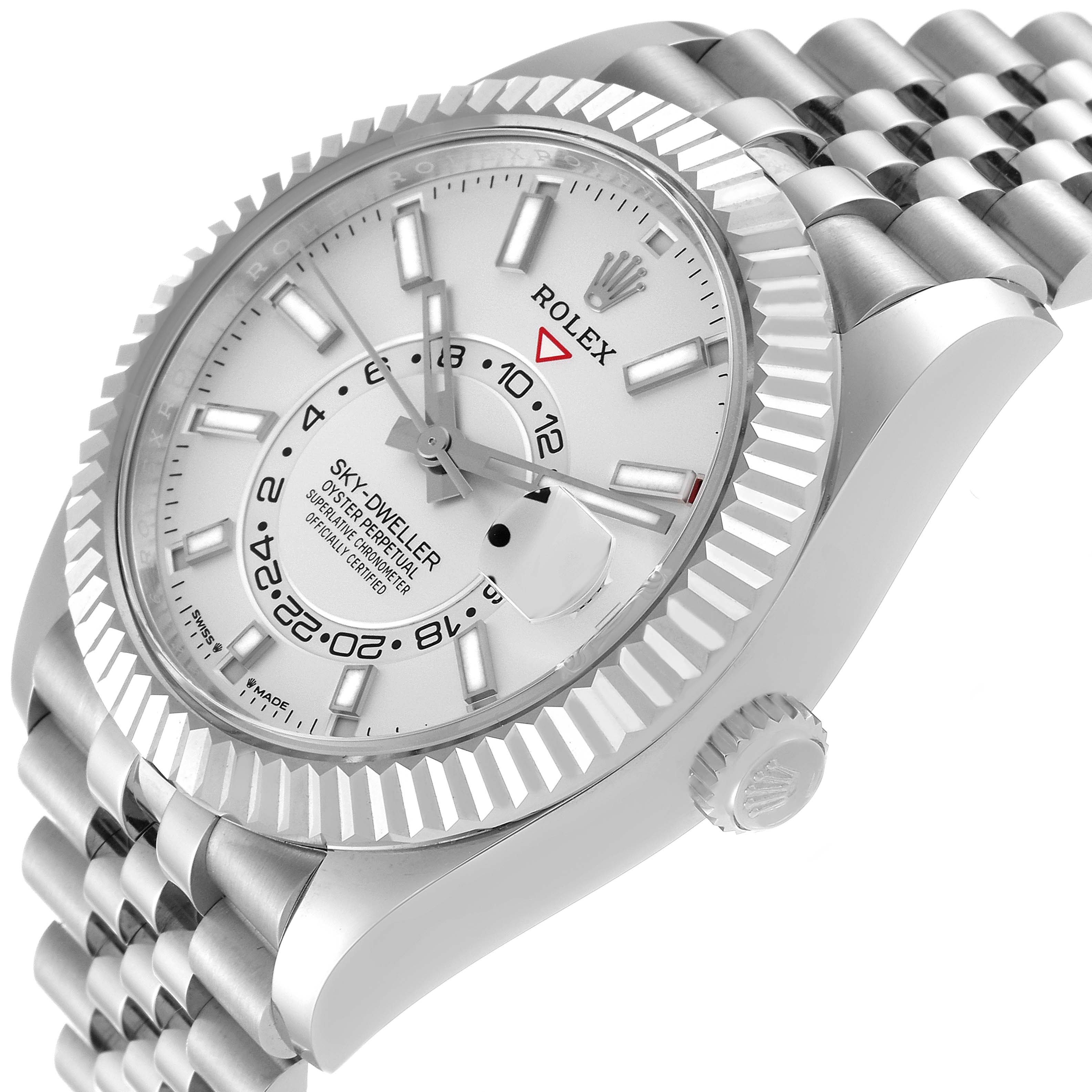 This image shows a Rolex Sky-Dweller 336934 Men's Stainless Steel Silver Dial 336934 Men's Stainless Steel Silver Dial watch at an angled view, highlighting its white dial, bezel, and part of the bracelet.