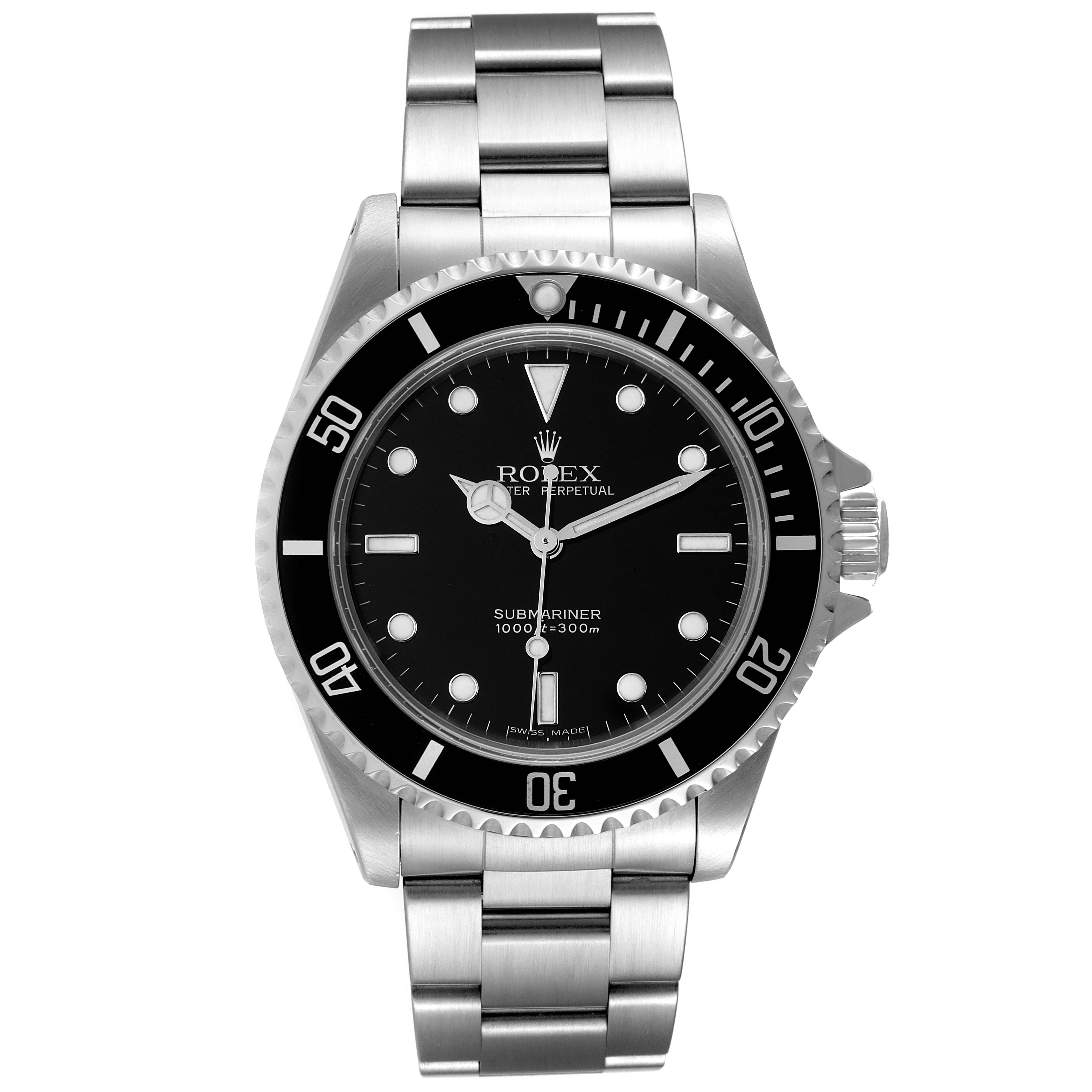 The Rolex Submariner 14060 Men
s Stainless Steel Black Dial 14060 Men
s Stainless Steel Black Dial watch is shown from a front angle, displaying its dial, bezel, and bracelet.