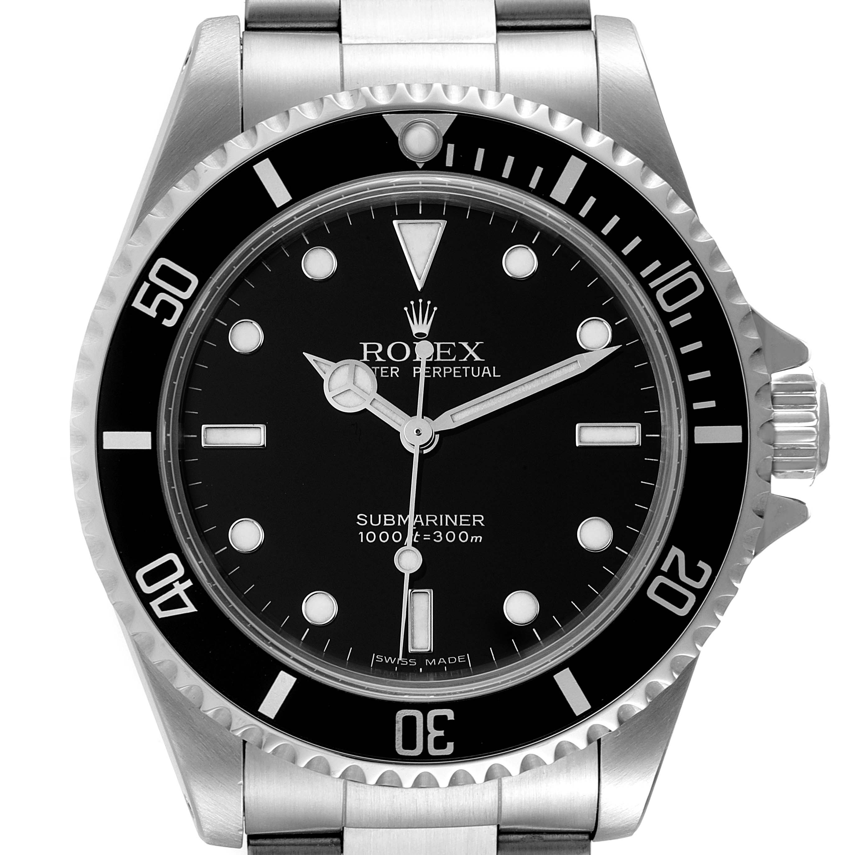 This image shows a frontal view of a Rolex Submariner 14060 Men
s Stainless Steel Black Dial 14060 Men
s Stainless Steel Black Dial watch, highlighting the dial, bezel, hands, and part of the bracelet.