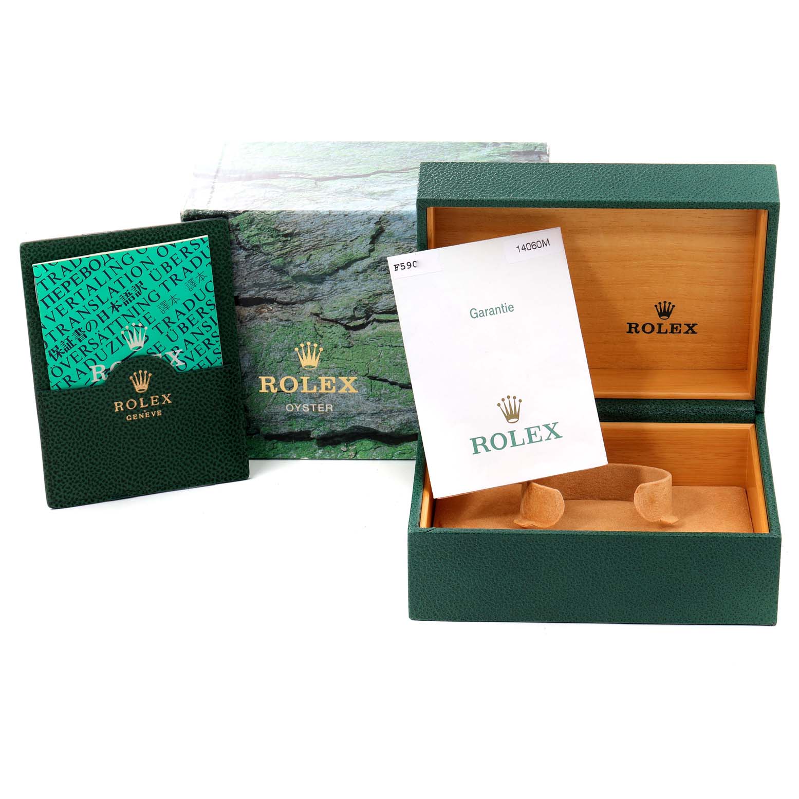 The image shows the packaging, warranty card, booklet, and box of a Rolex Submariner 14060 Men
s Stainless Steel Black Dial 14060 Men
s Stainless Steel Black Dial watch.