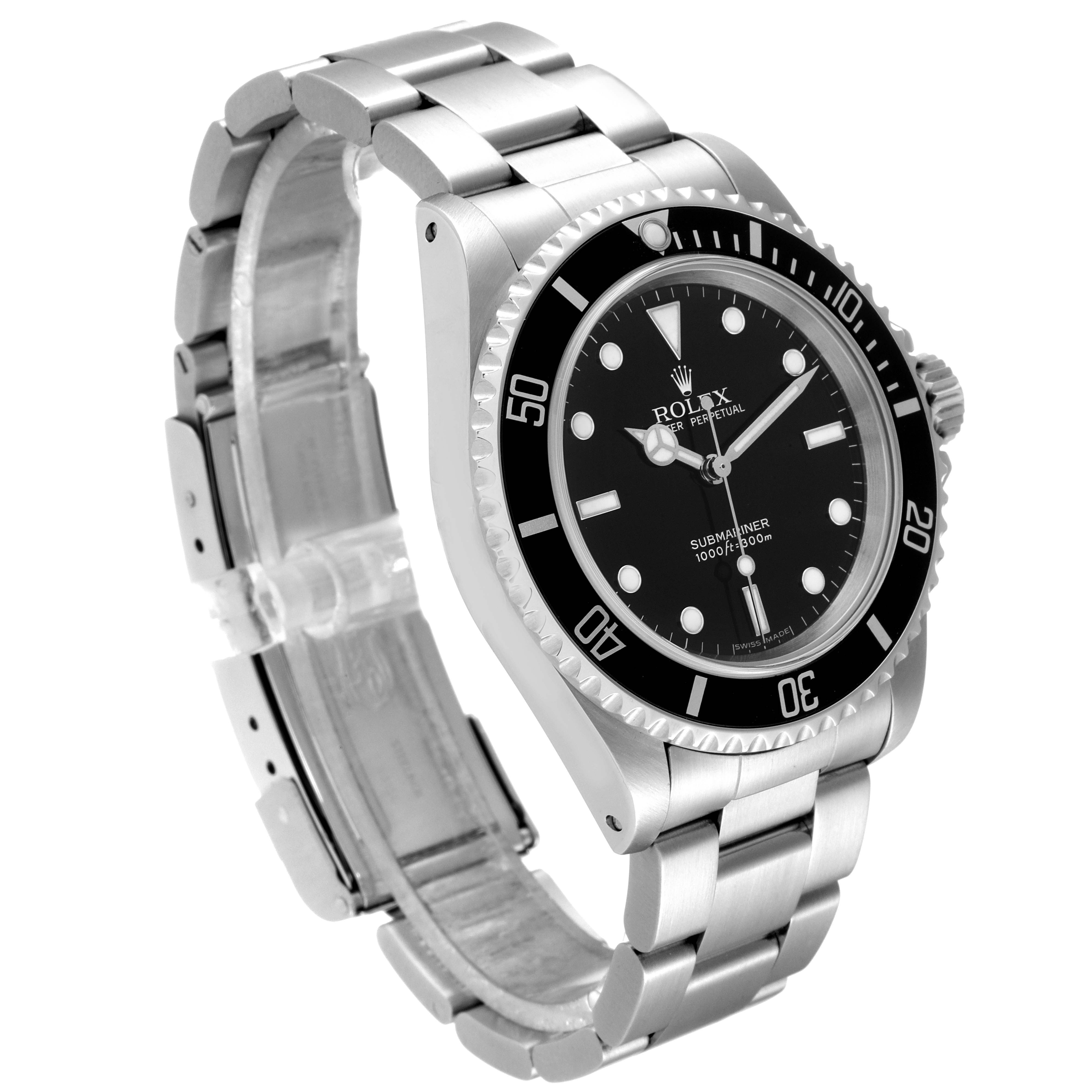 The image shows a Rolex Submariner 14060 Men
s Stainless Steel Black Dial 14060 Men
s Stainless Steel Black Dial watch from an angled side view, highlighting the face, bezel, case, and bracelet.