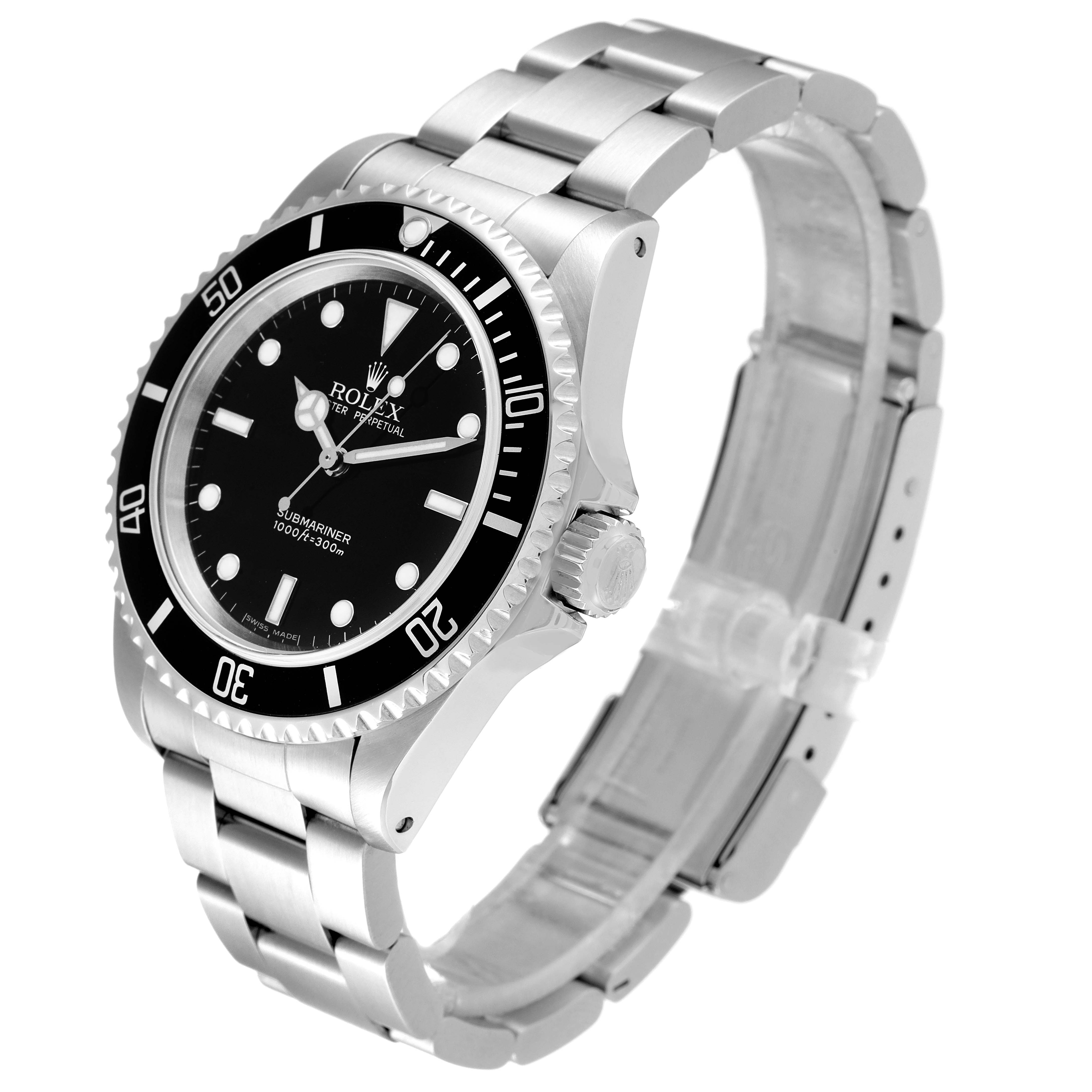 The image shows a Rolex Submariner 14060 Men
s Stainless Steel Black Dial 14060 Men
s Stainless Steel Black Dial watch at an angle displaying the dial, bezel, and part of the bracelet.