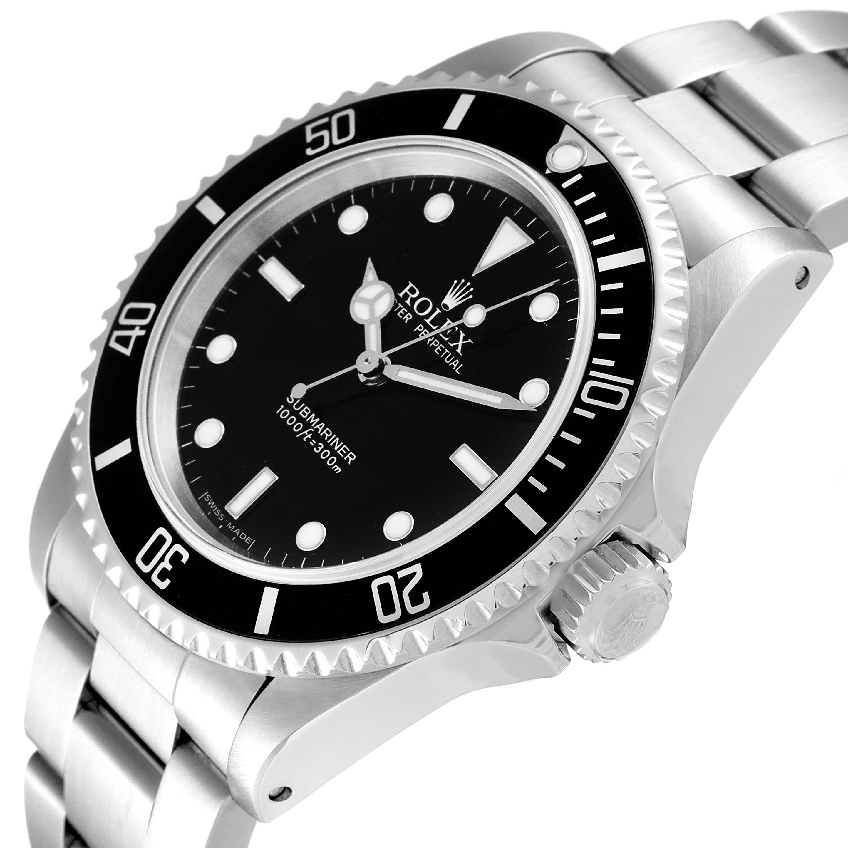 The image shows a side angle of the Rolex Submariner 14060 Men
s Stainless Steel Black Dial 14060 Men
s Stainless Steel Black Dial watch, highlighting the dial, bezel, crown, and part of the bracelet.