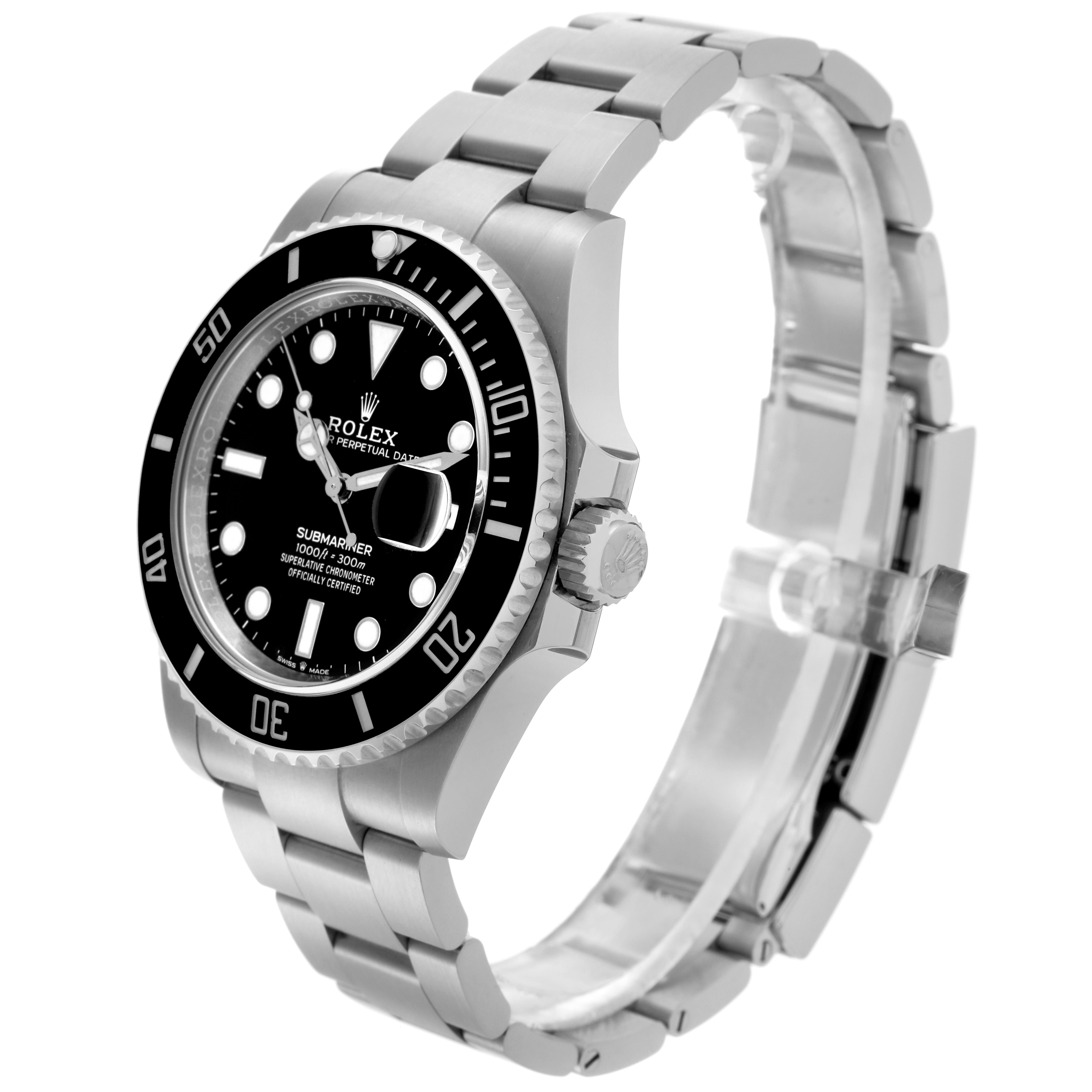 The Rolex Submariner 126610LN Men's Stainless Steel Black Dial 126610LN Men's Stainless Steel Black Dial watch is shown at a three-quarter angle, displaying the full face, rotating bezel, and part of the bracelet.
