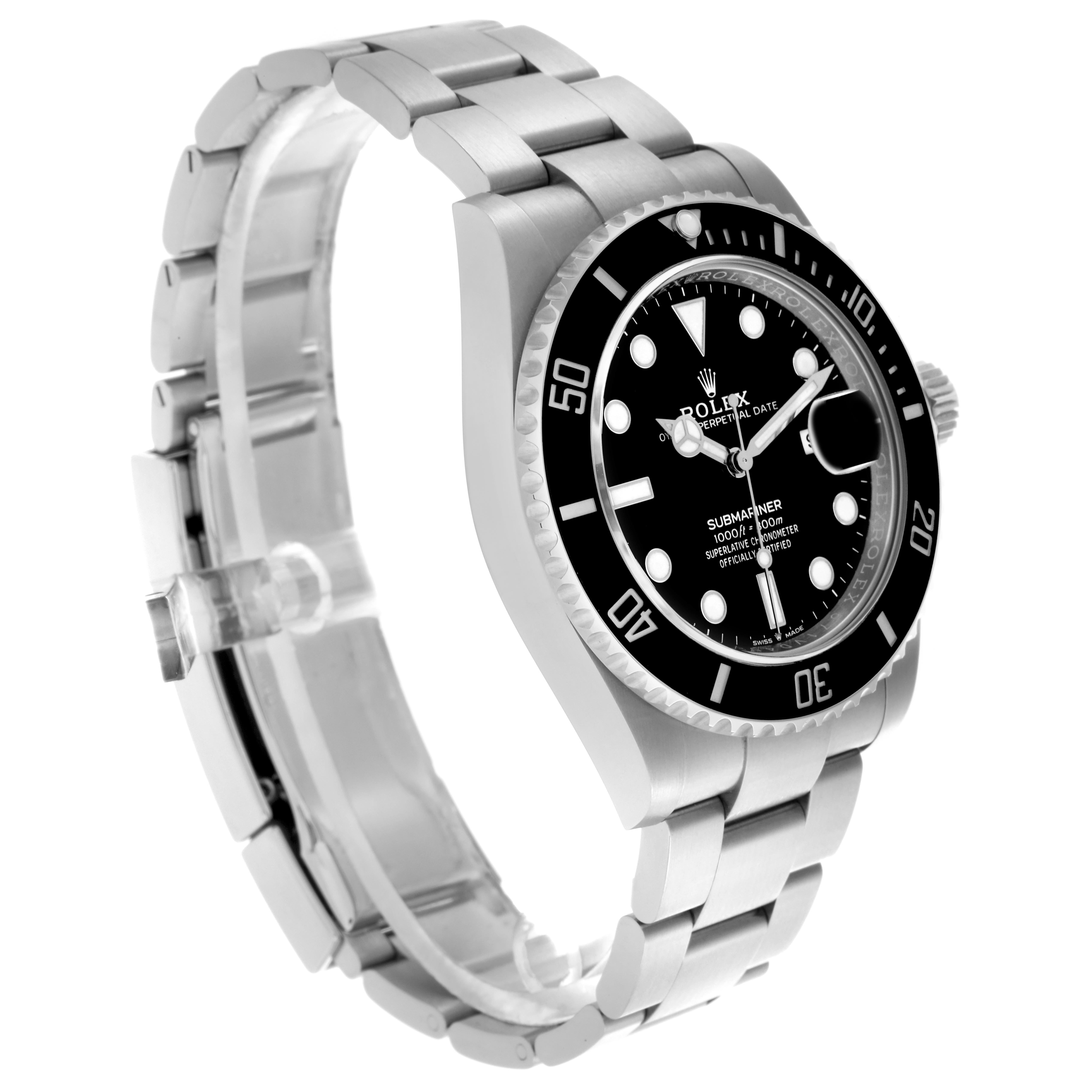 The Rolex Submariner 126610LN Men's Stainless Steel Black Dial 126610LN Men's Stainless Steel Black Dial watch is shown at an angled side view, featuring the bezel, dial, bracelet, and crown.