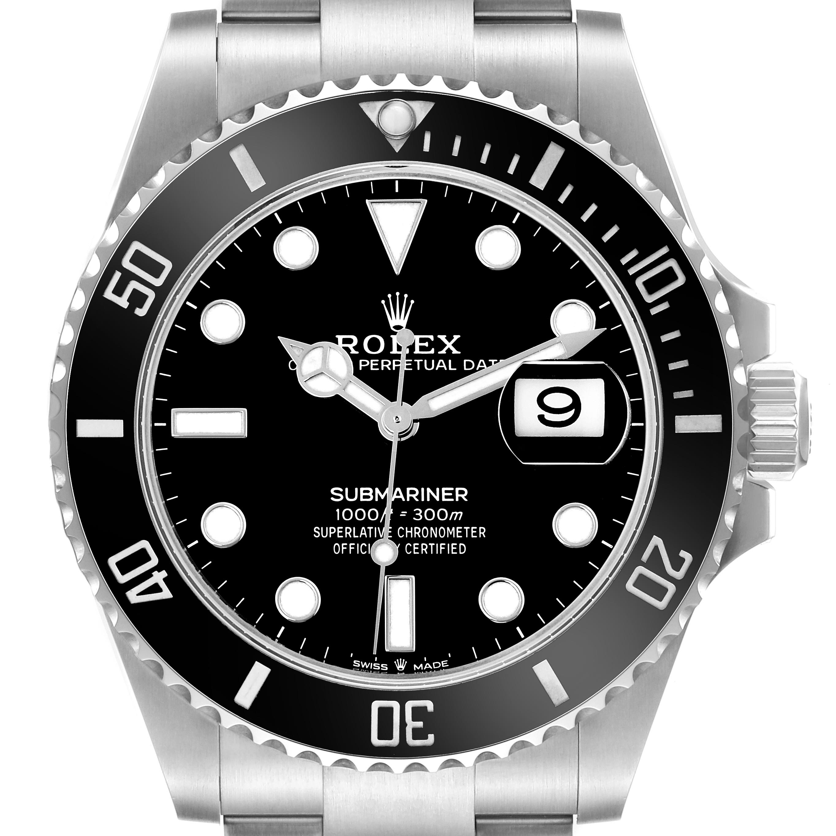 The image shows a Rolex Submariner 126610LN Men's Stainless Steel Black Dial 126610LN Men's Stainless Steel Black Dial watch from a top-down angle, displaying the bezel, dial, hands, and date window.