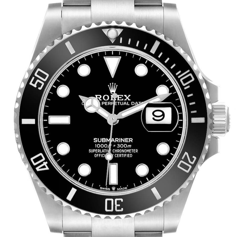 The image shows a Rolex Submariner watch from a top-down angle, displaying the bezel, dial, hands, and date window.