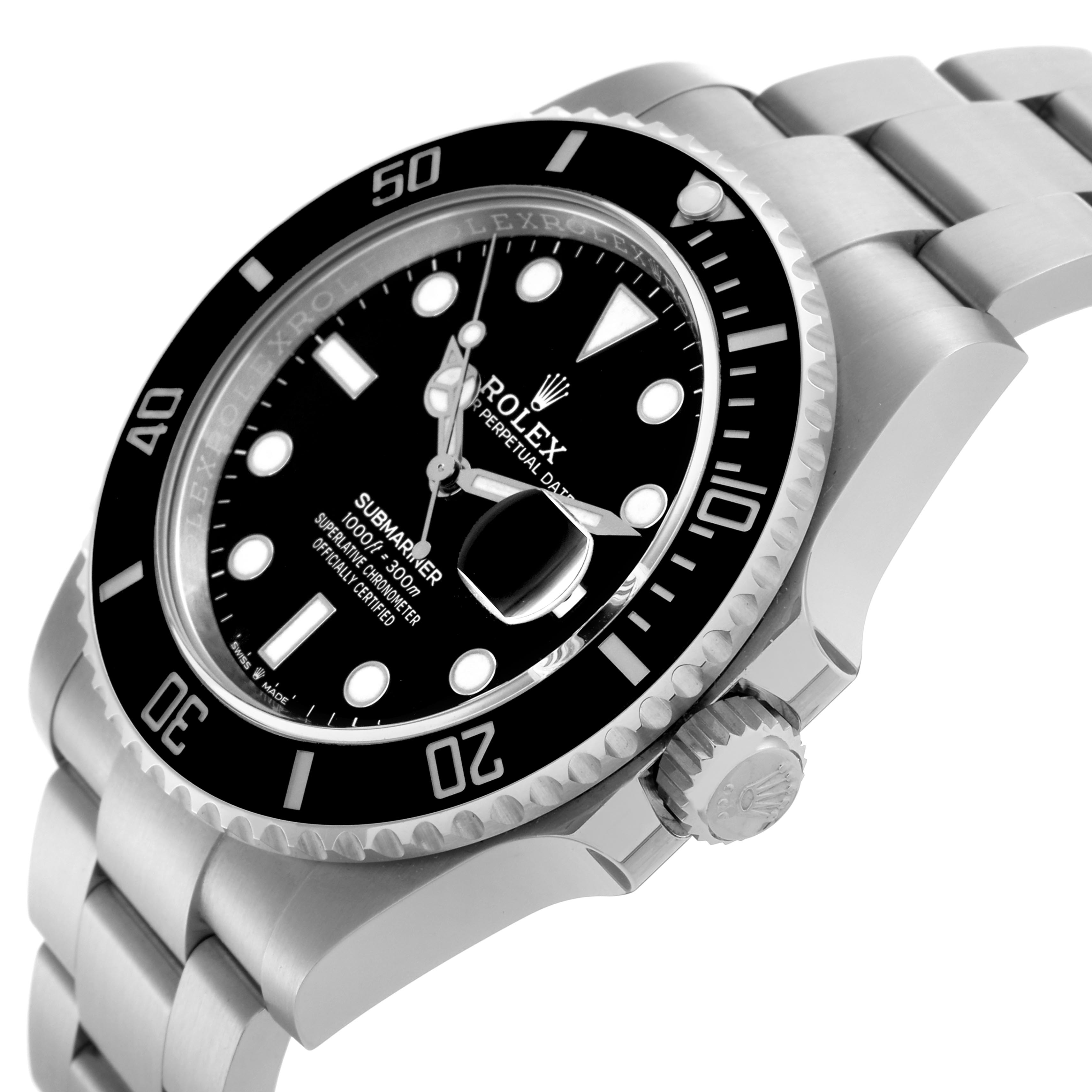 The Rolex Submariner 126610LN Men's Stainless Steel Black Dial 126610LN Men's Stainless Steel Black Dial watch is shown at an angled side view, displaying the dial, bezel, crown, and part of the bracelet.