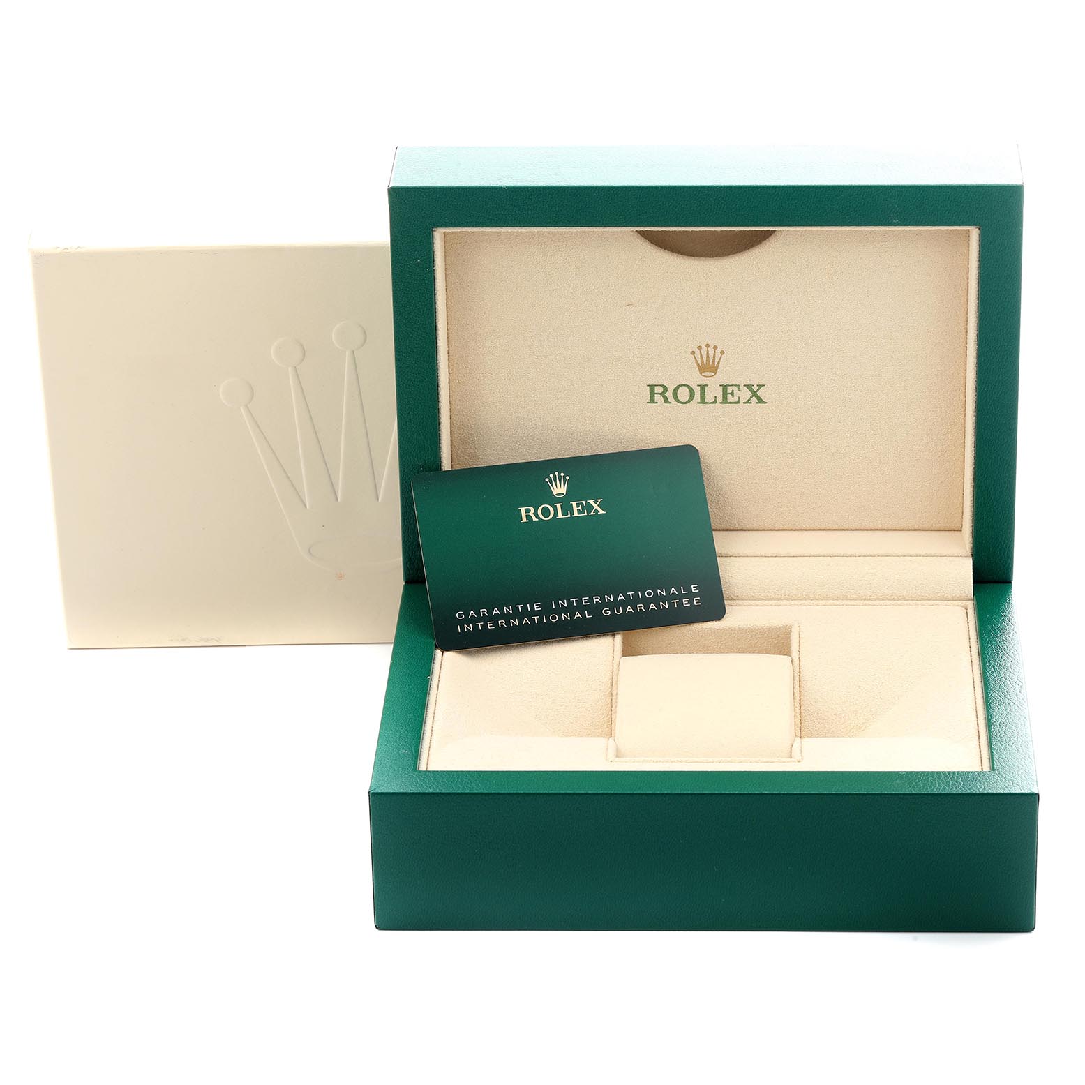 The image shows a Rolex Submariner 126610LN Men's Stainless Steel Black Dial 126610LN Men's Stainless Steel Black Dial watch box and warranty card at an open-front angle.