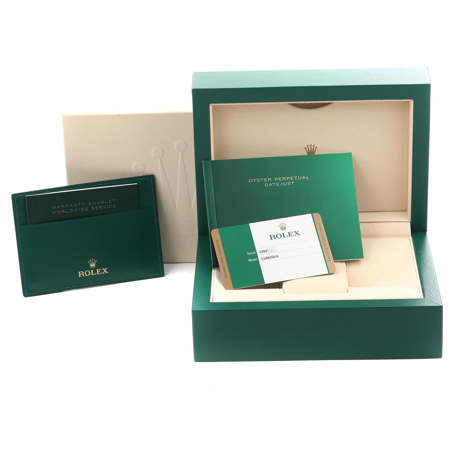 The image shows a Rolex Submariner 116610LN-0001 Men's Stainless Steel Black Dial 116610LN-0001 Men's Stainless Steel Black Dial's packaging, warranty card, booklet, and box at an angle.