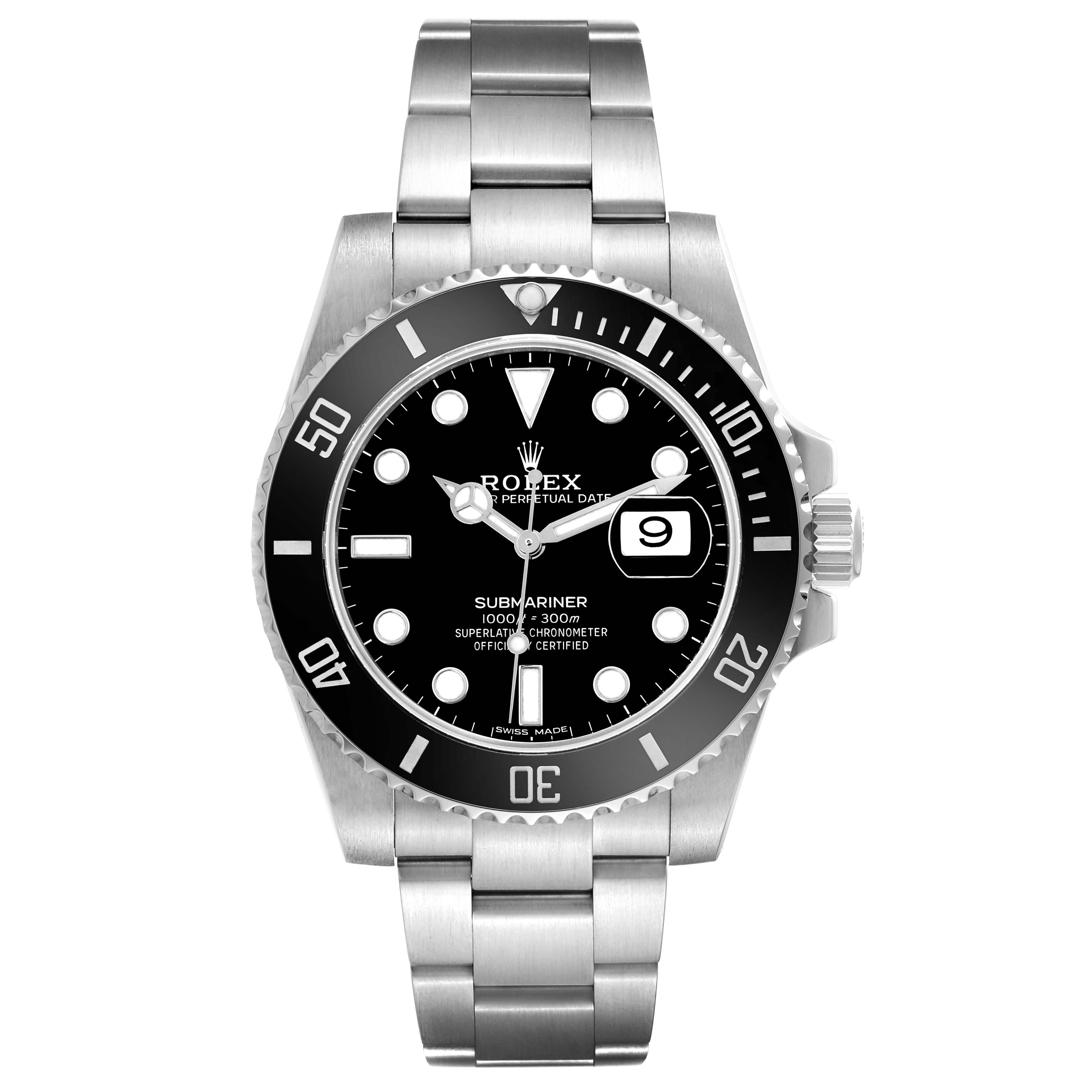 The Rolex Submariner 116610LN-0001 Men's Stainless Steel Black Dial 116610LN-0001 Men's Stainless Steel Black Dial watch is shown from a front angle, displaying the dial, bezel, case, crown, and bracelet.