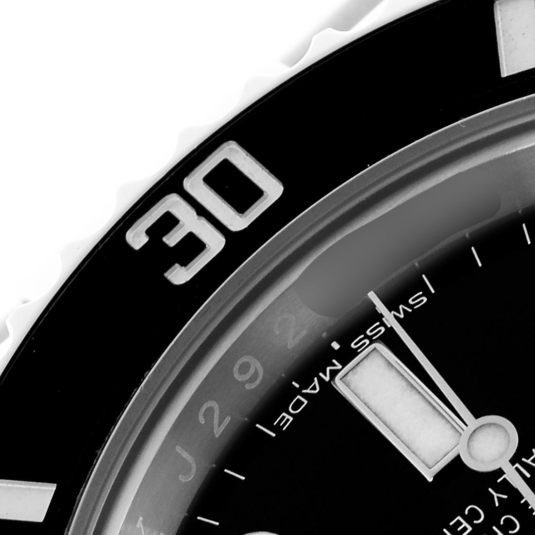 The image shows a close-up of the bezel and dial of a Rolex Submariner 116610LN-0001 Men's Stainless Steel Black Dial 116610LN-0001 Men's Stainless Steel Black Dial, highlighting the "30" marker and hands.