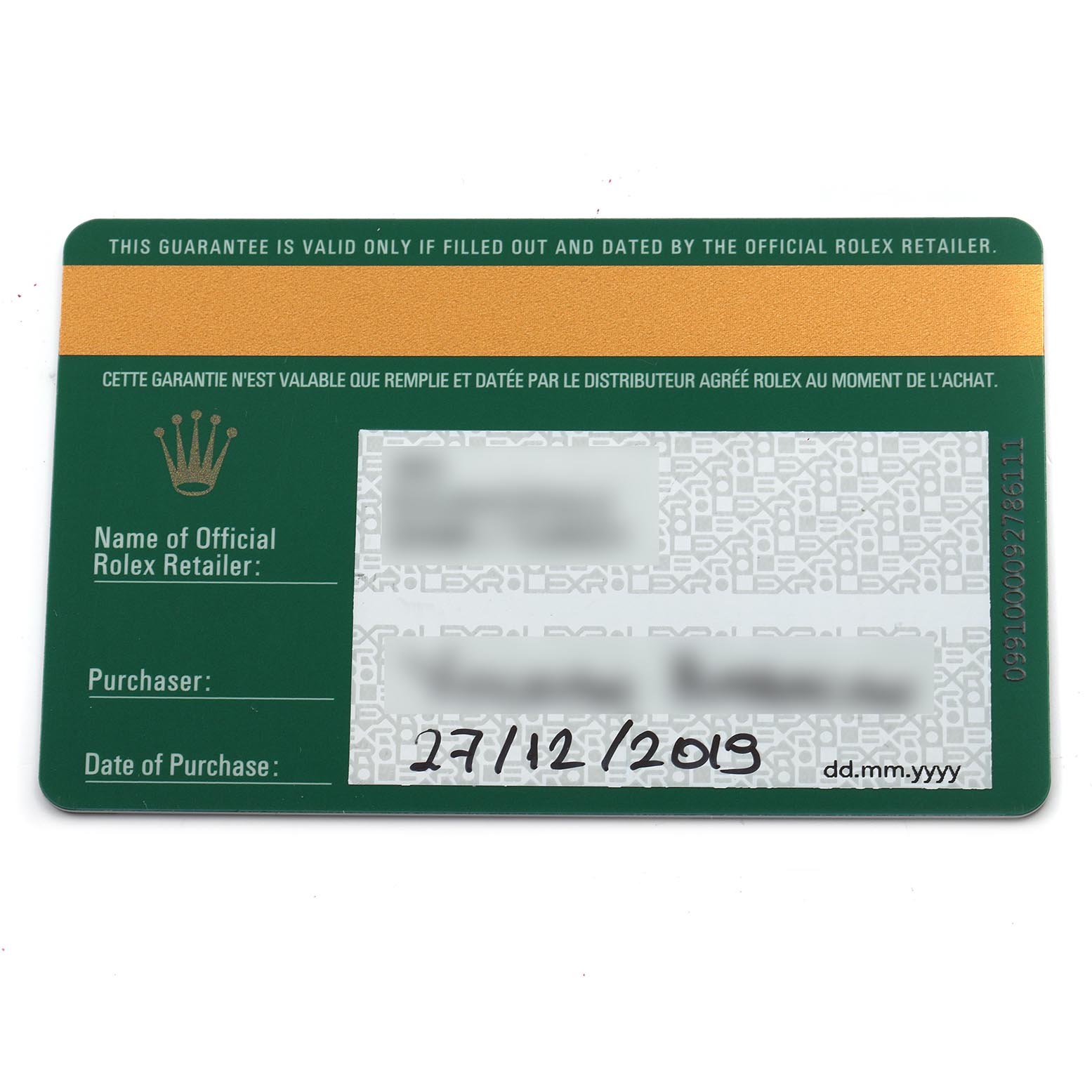 The image shows a warranty card for the Rolex Submariner 116610LN-0001 Men's Stainless Steel Black Dial 116610LN-0001 Men's Stainless Steel Black Dial, displaying retailer and purchase information.