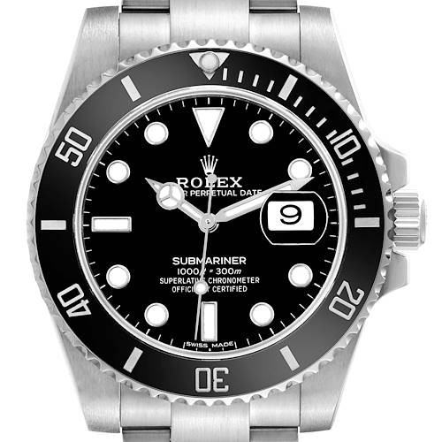 The image shows a front view of the Rolex Submariner, highlighting the dial, bezel, and crown.