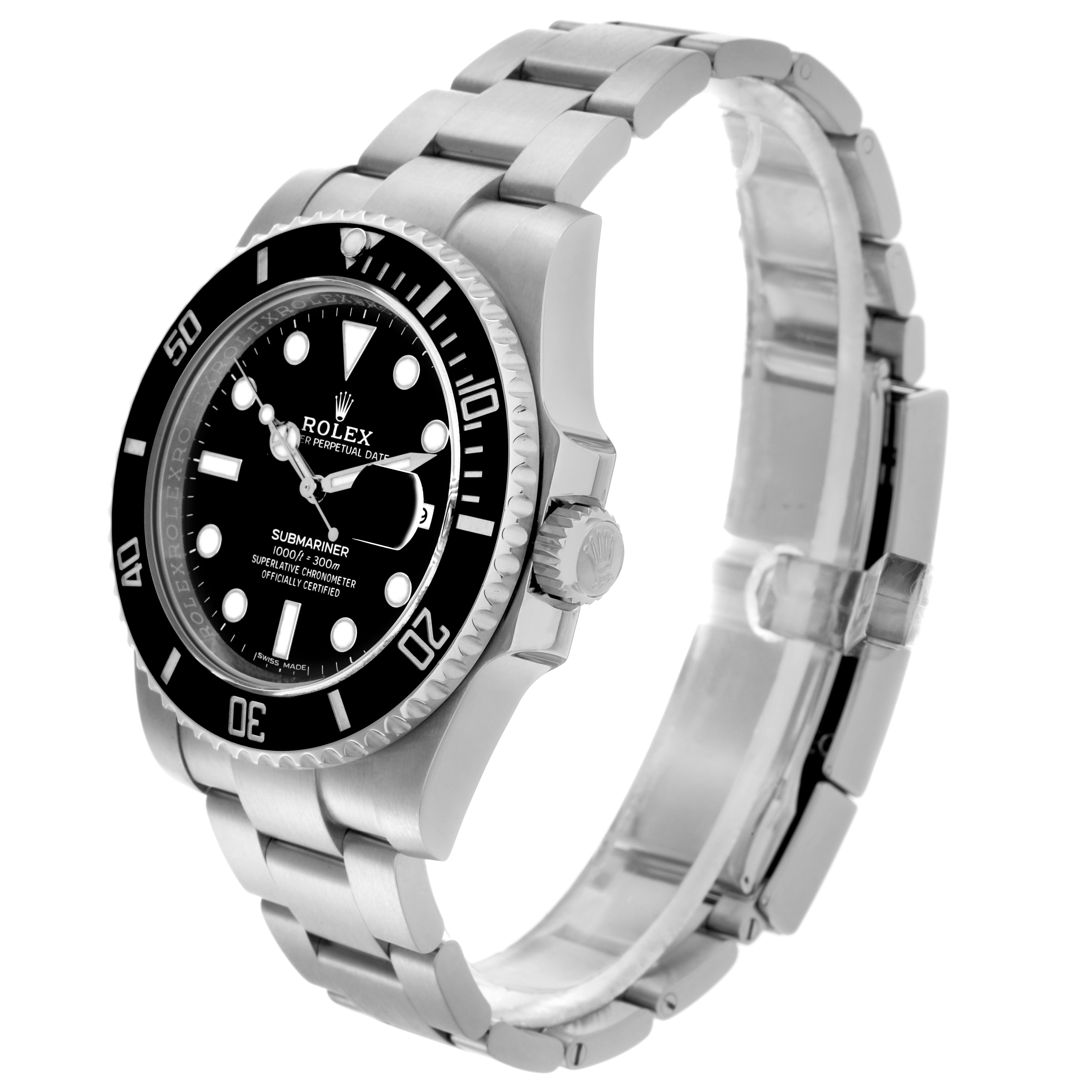 The Rolex Submariner 116610LN-0001 Men's Stainless Steel Black Dial 116610LN-0001 Men's Stainless Steel Black Dial model is shown at a three-quarter angle, displaying the bezel, dial, case, crown, and bracelet.