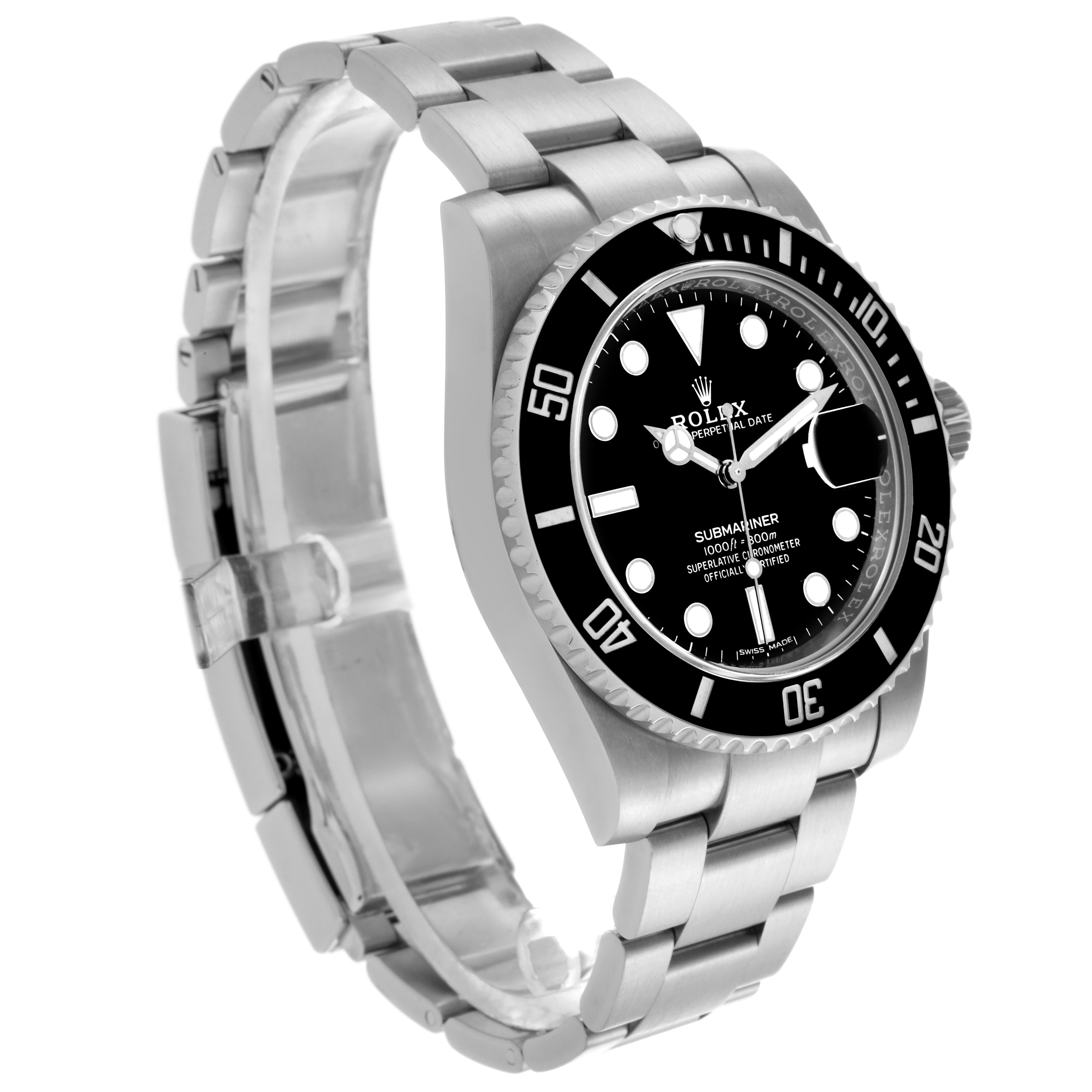 The Rolex Submariner 116610LN-0001 Men's Stainless Steel Black Dial 116610LN-0001 Men's Stainless Steel Black Dial watch is shown at an angled view highlighting the face, bezel, crown, and bracelet.