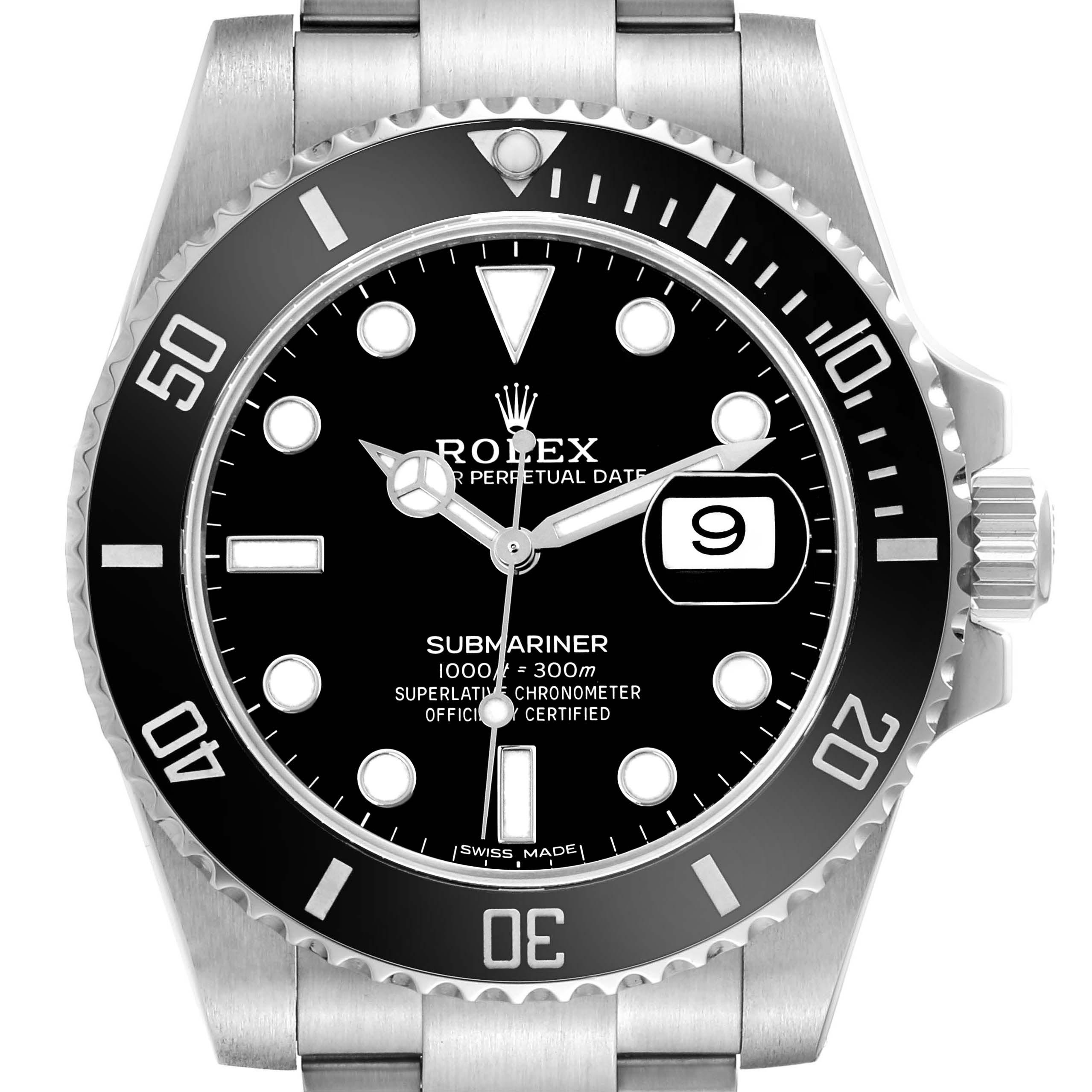 The image shows a front view of the Rolex Submariner 116610LN-0001 Men's Stainless Steel Black Dial 116610LN-0001 Men's Stainless Steel Black Dial watch, highlighting the dial, bezel, and date window.